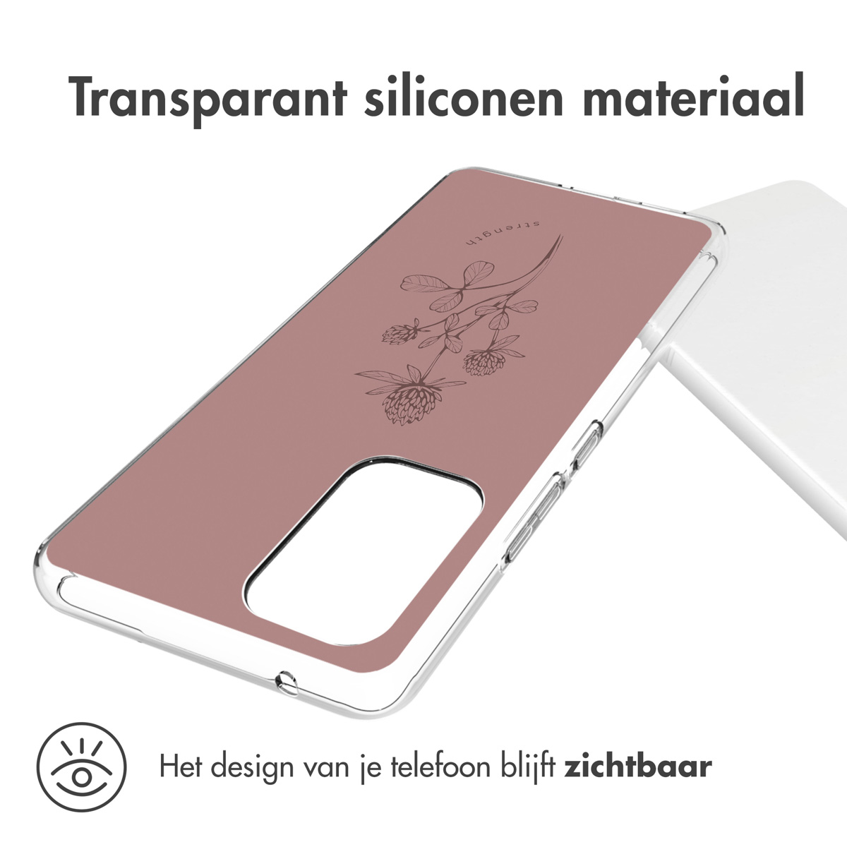 Coque transparente avec design rose, fleur et mot 'strength'. Le design du téléphone reste visible.