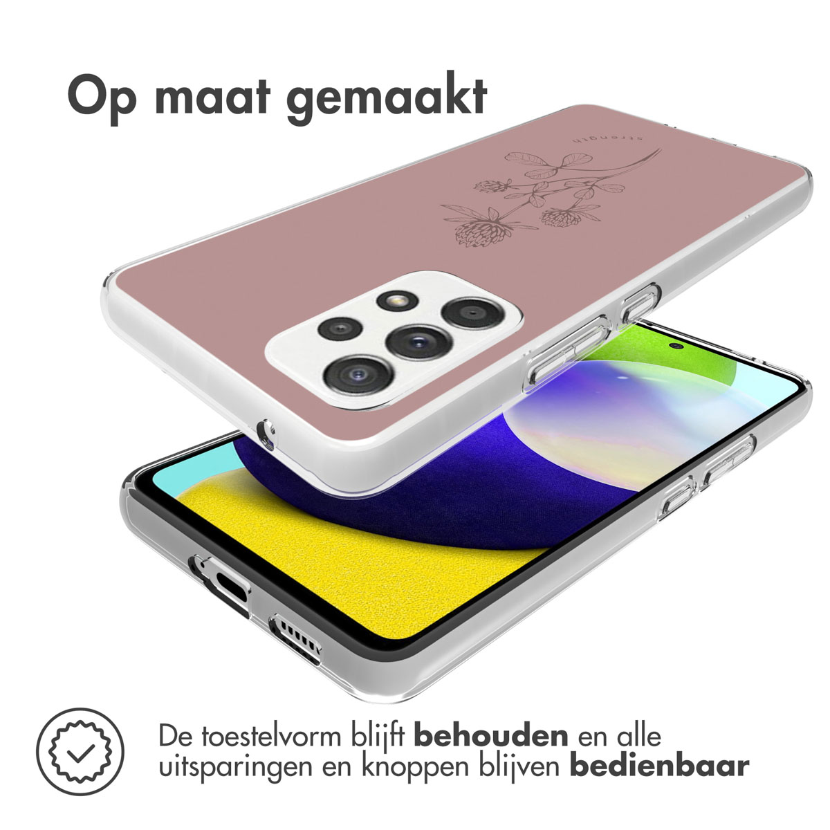 Coque de téléphone rose avec un motif floral. La coque est montrée au-dessus d'un téléphone.