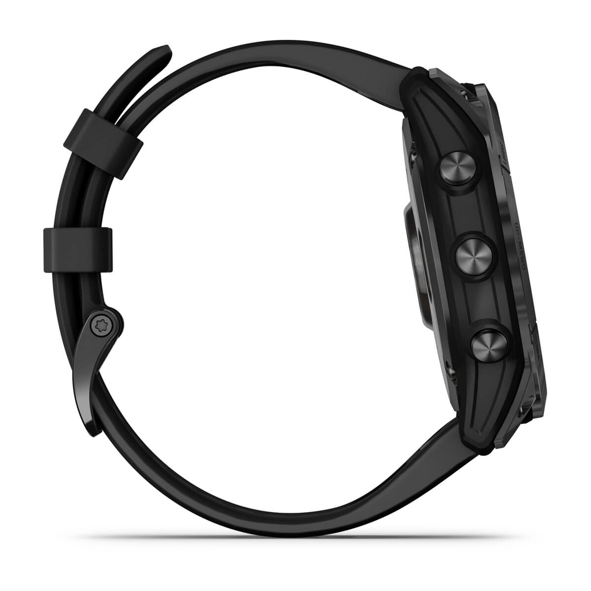 Seitenansicht einer schwarzen Smartwatch mit drei Knöpfen und schwarzem Armband.