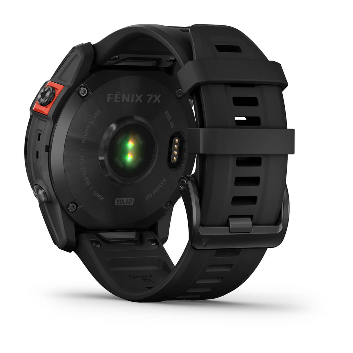 Nahaufnahme einer schwarzen Smartwatch, die die Rückseite mit Sensoren und einem schwarzen Armband zeigt, isoliert auf Weiß.