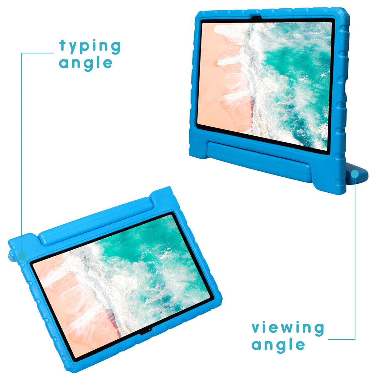 Twee blauwe tablethoezen, één met een tablet erin. Ze staan in verschillende hoeken, waarbij typen en bekijken worden getoond.