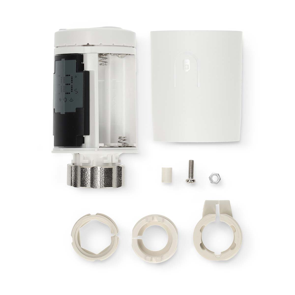Disassembled thermostat with parts. White cover, black internal components, and mounting hardware.