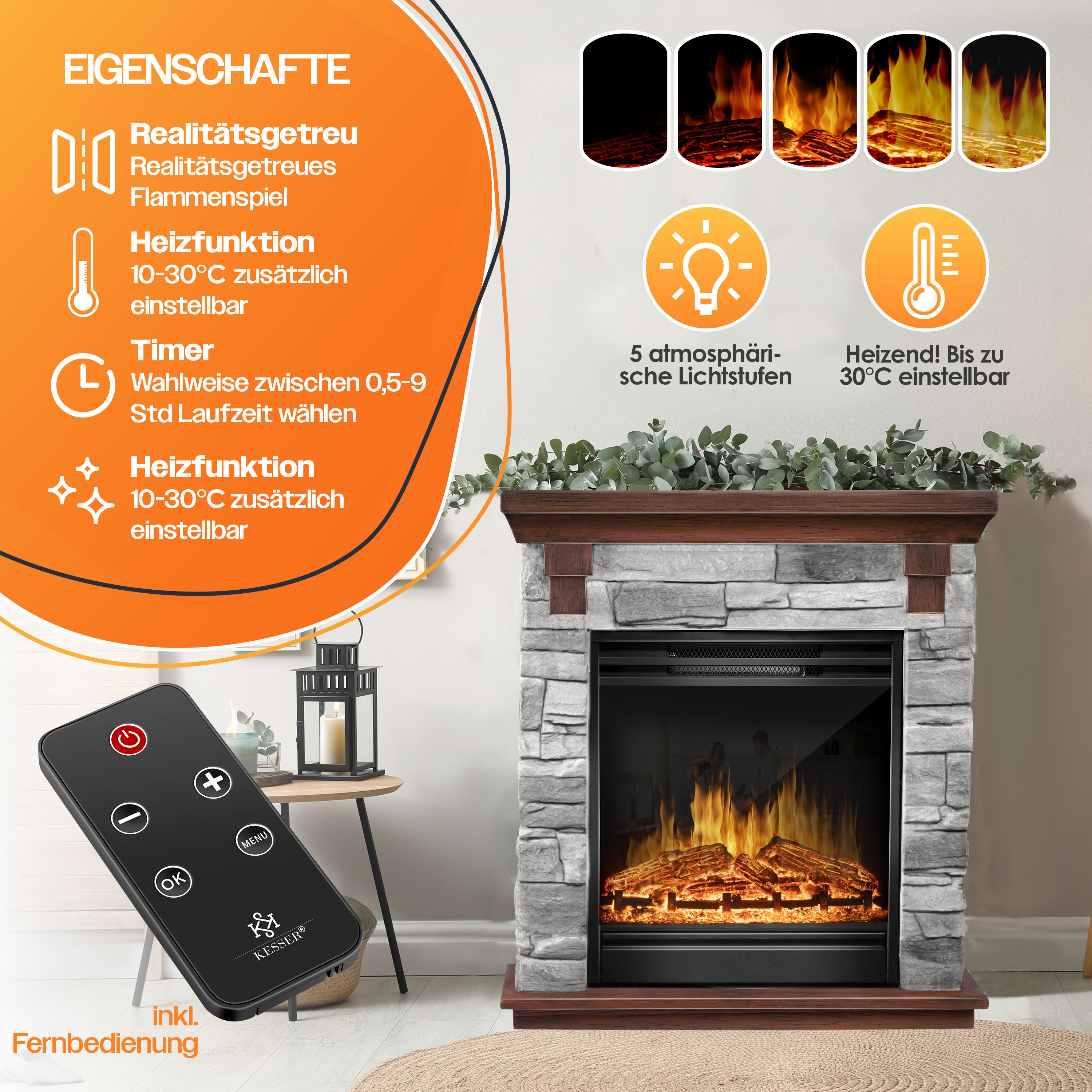 Elektrischer Kamin, mit Flammen, Steinverkleidung, Fernbedienung und Text: 'Heizfunktion...'