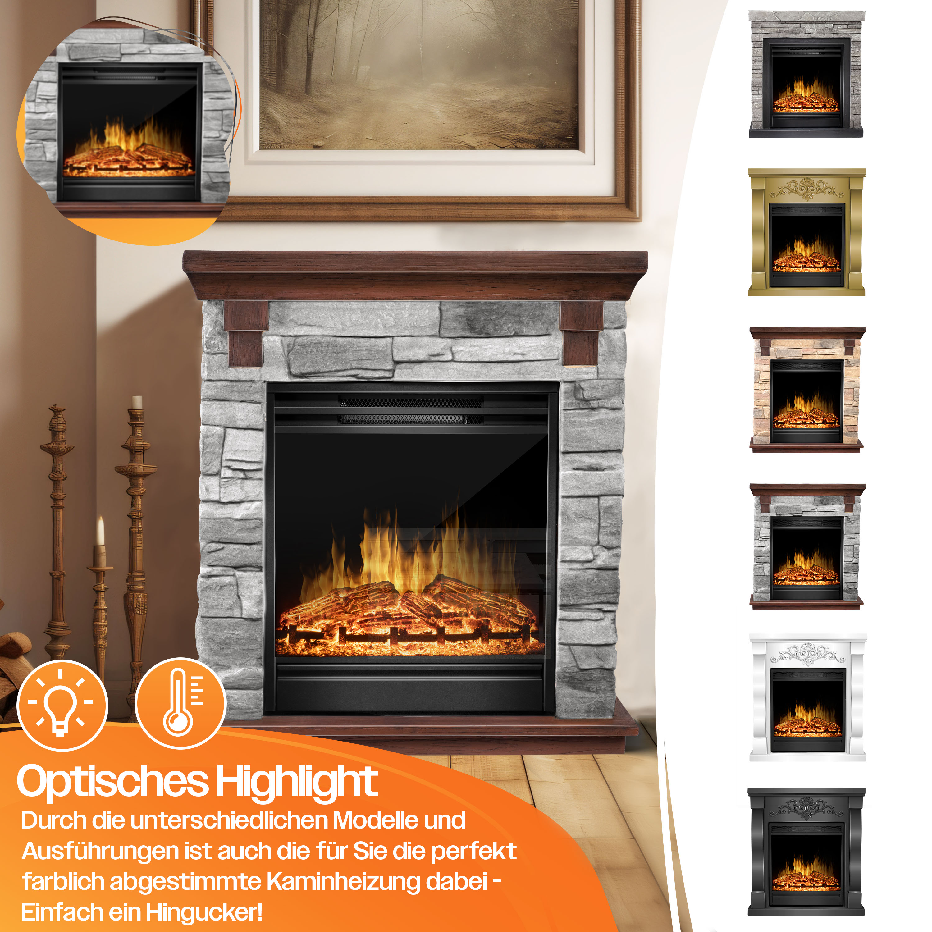 Elektrischer Kamin mit verschiedenen Designs, die Feuer-, Stein- und Holzdetails zeigen.