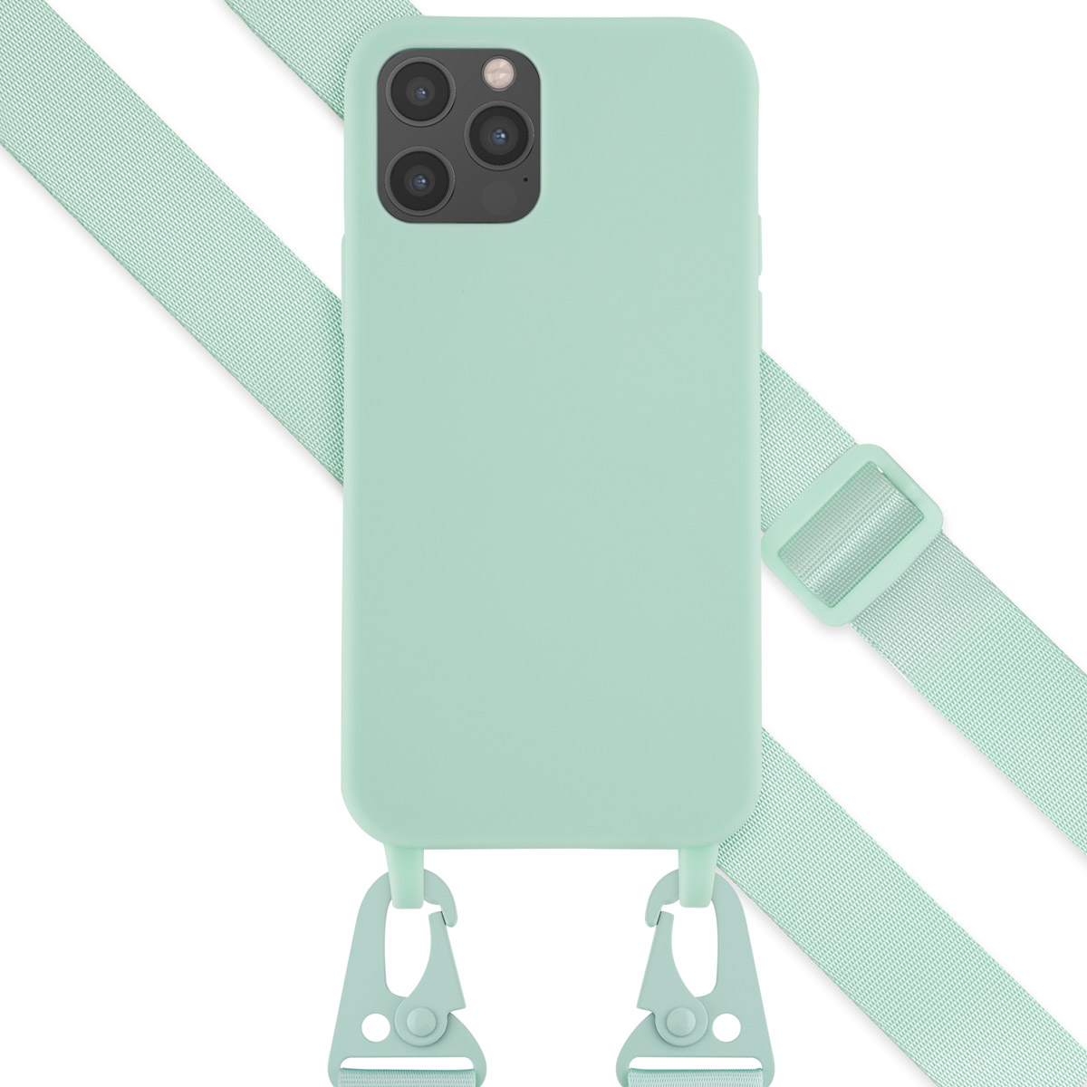 Een mintgroene telefoonhoes met een bevestigde riem, die de hoes en de riem laat zien.