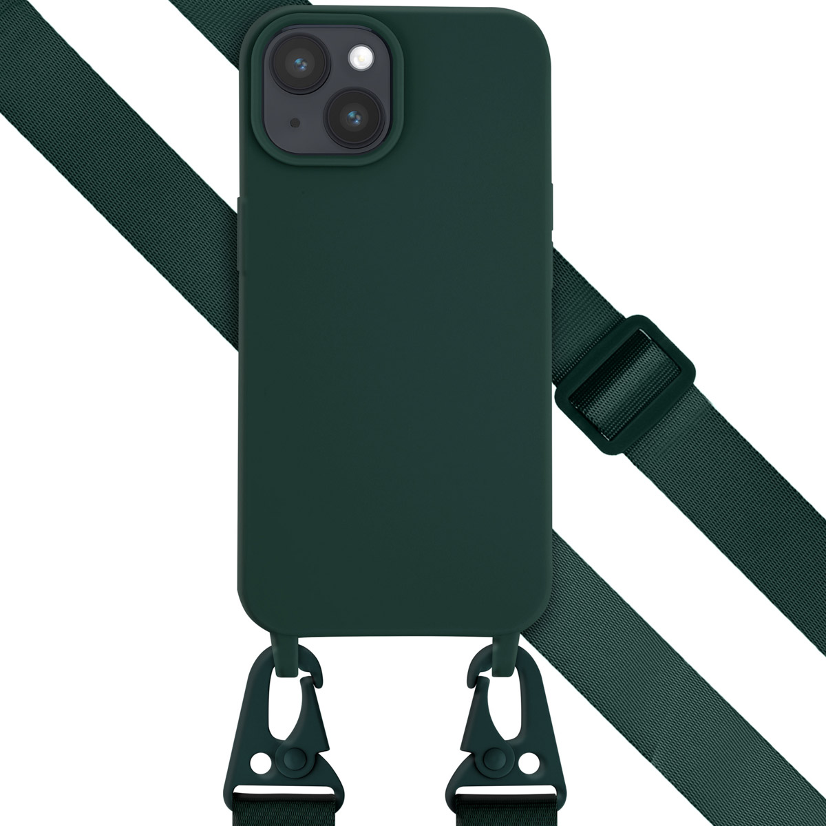 A dark green phone with a green strap and clips. The phone has dual cameras and a dark green case.