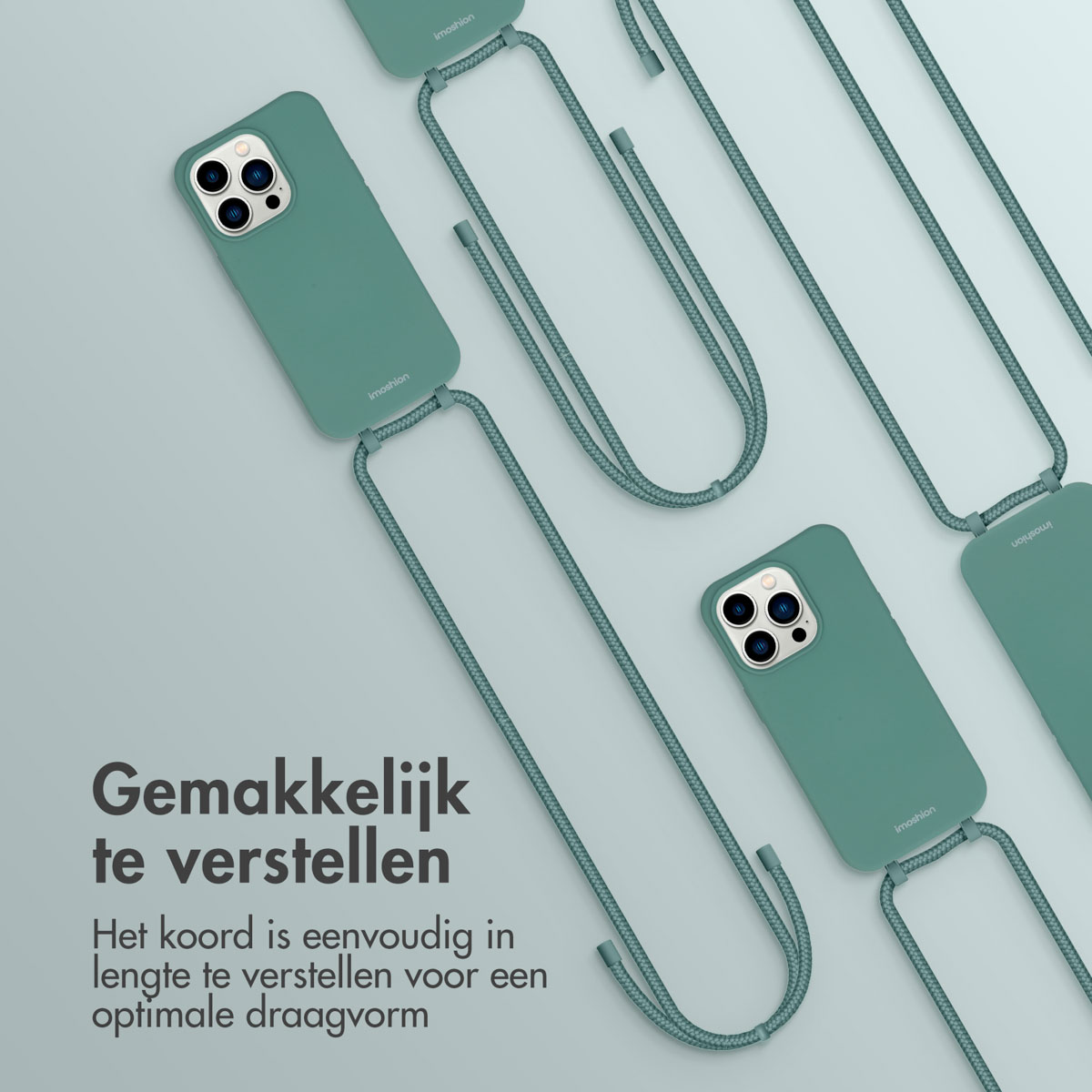 Plusieurs étuis de téléphone verts avec des cordons attachés sont montrés. Texte : Facile à régler.