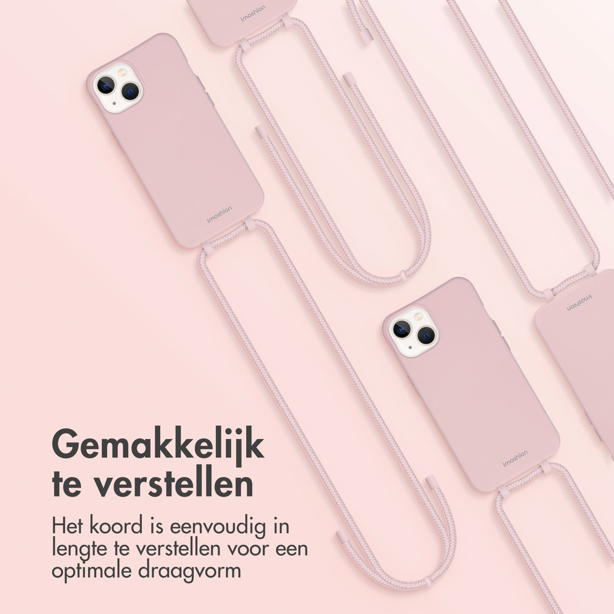 Mehrere rosa Handyhüllen mit angebrachten rosa Kordeln werden in einem Studio gezeigt.
