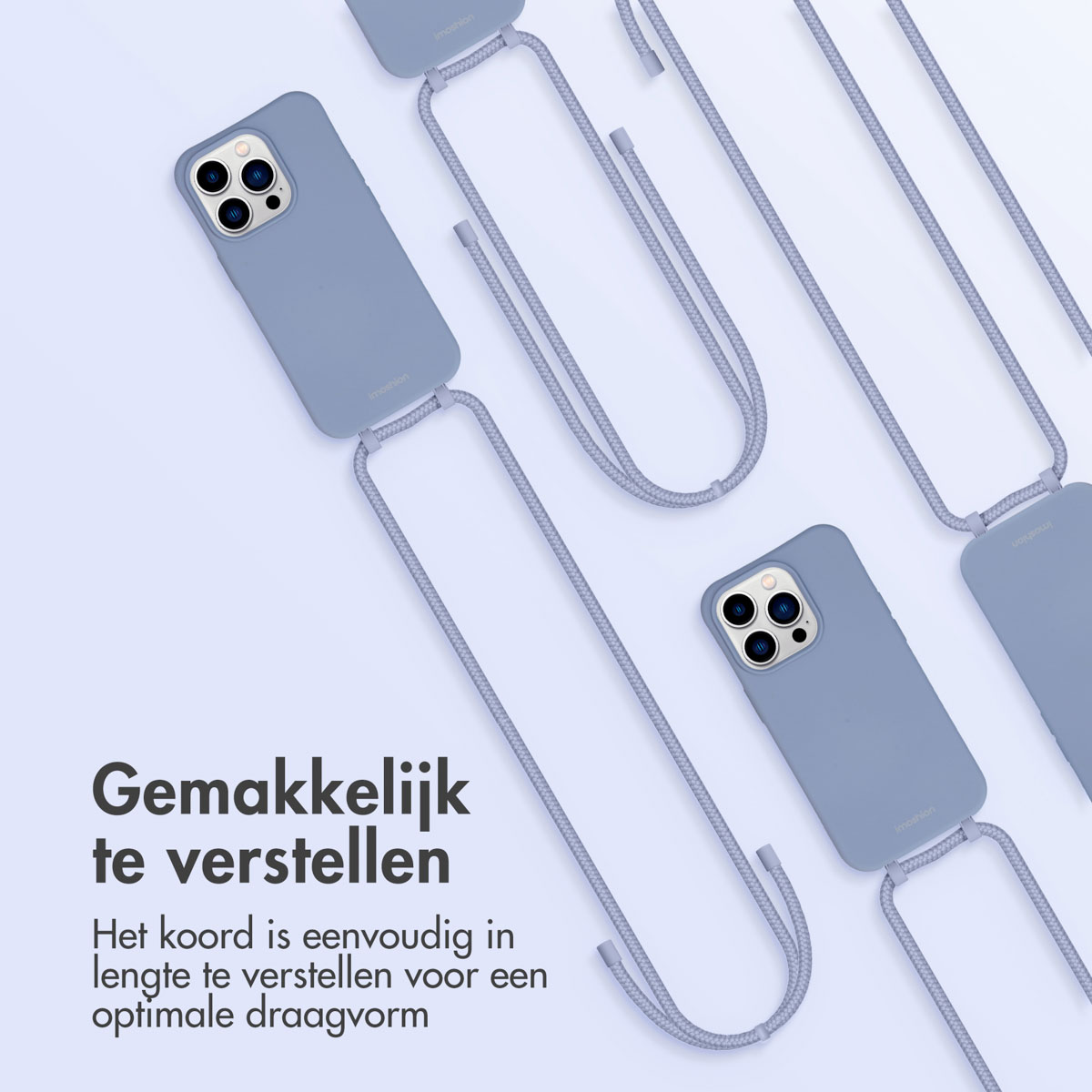 Coques de téléphone bleues avec cordon et téléphone affiché. Le cordon est facilement réglable.