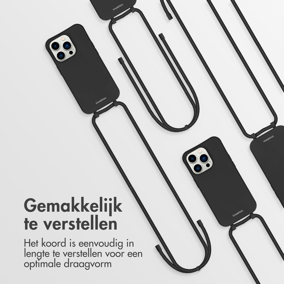 Meerdere zwarte telefoonhoesjes met bevestigde zwarte koorden, gerangschikt op een lichte achtergrond.