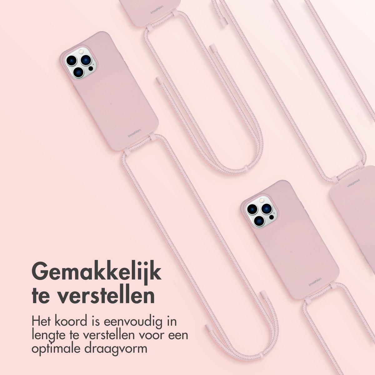 Rosa Handyhüllen mit Kordeln. Text besagt verstellbare Kordel. Der Hintergrund ist rosa.