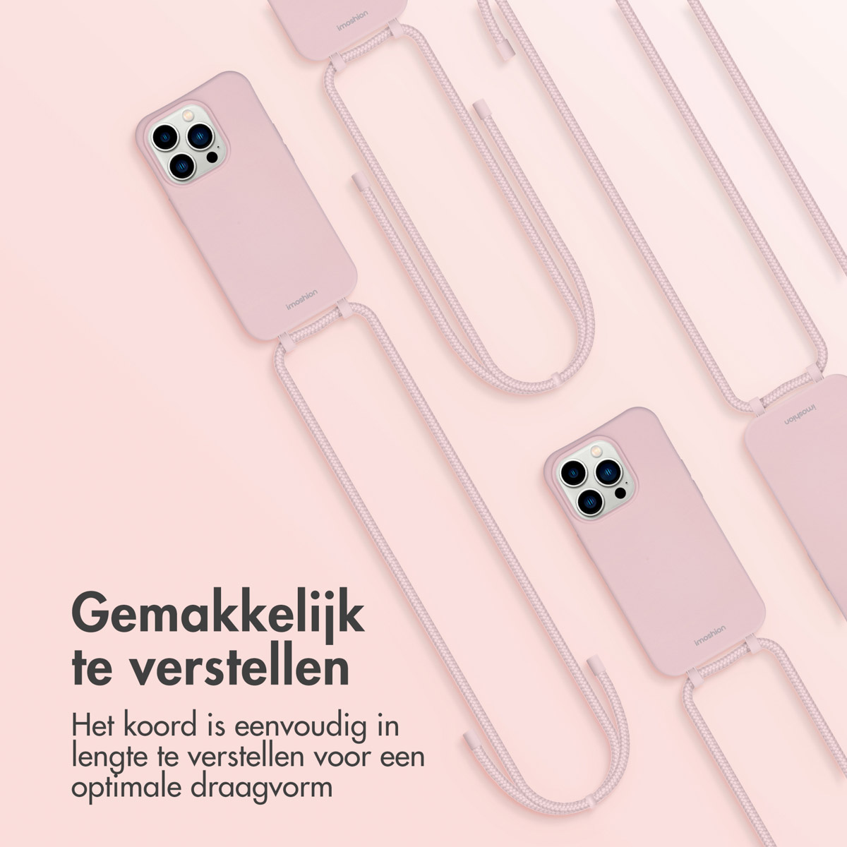 Plusieurs coques de téléphone roses avec des cordons, avec les mots 'innovision' et 'GEmakkeliijk te verstellen'.