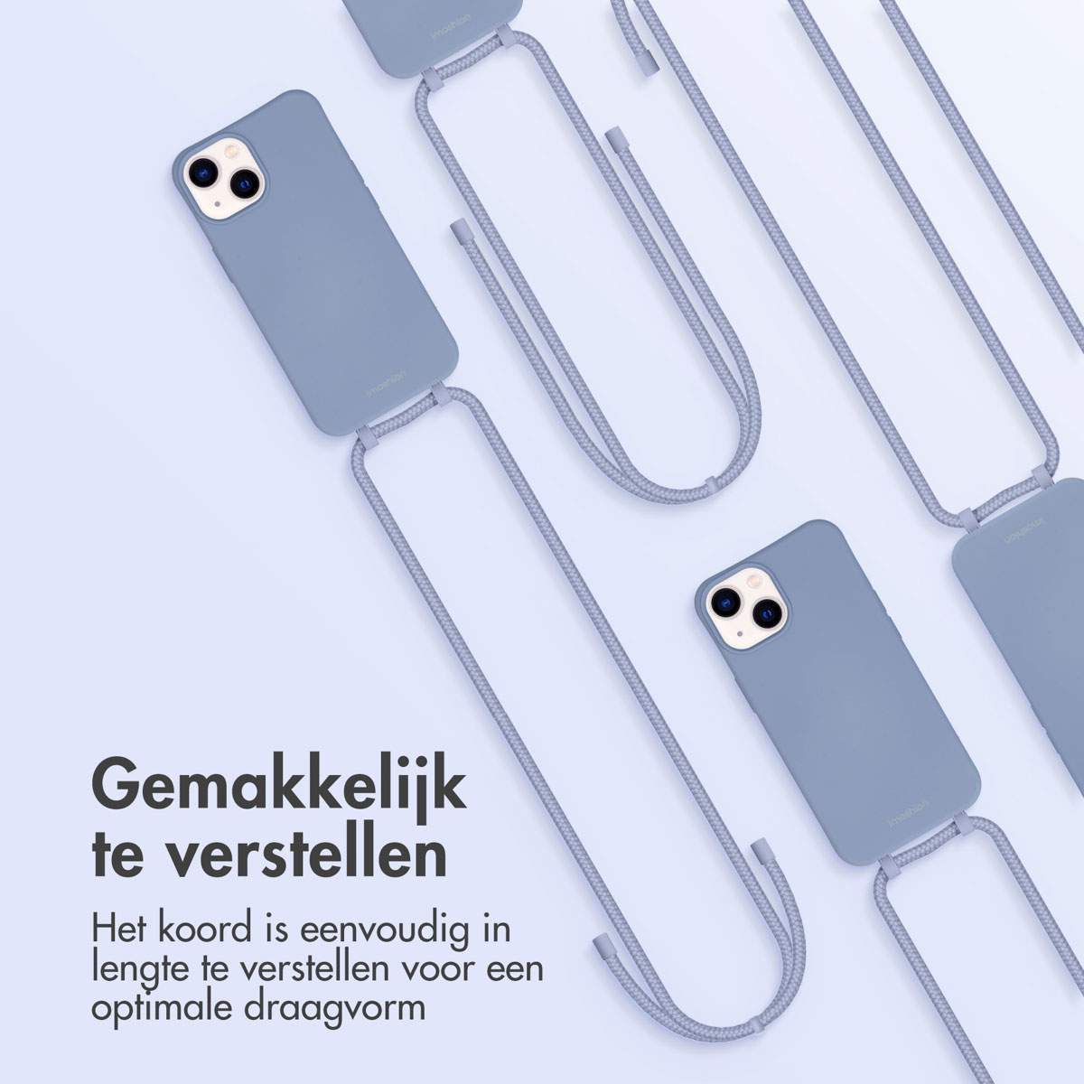 Étuis de téléphone bleus avec cordons disposés en diagonale. Texte : « Facile à régler. Le cordon est facile à régler ».