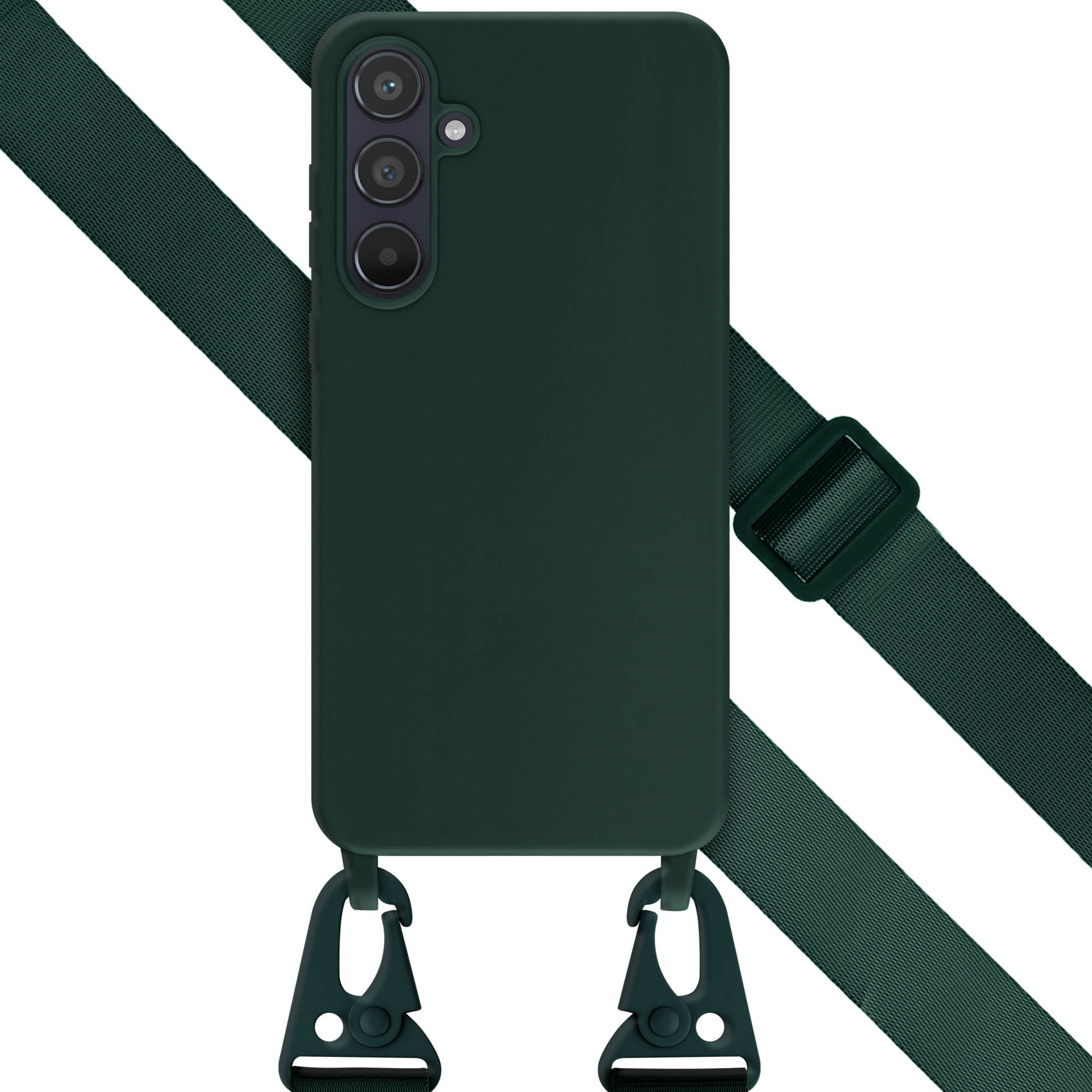 Een groene telefoonhoes met een groene riem en donkergroene telefoonclips op een witte achtergrond.