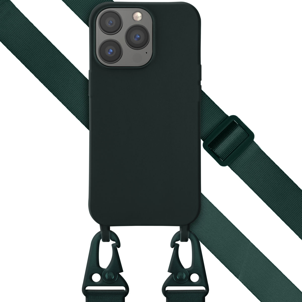 Zwarte telefoonhoes met een riem. Telefoon heeft drie camera's. De riem heeft metalen clips.