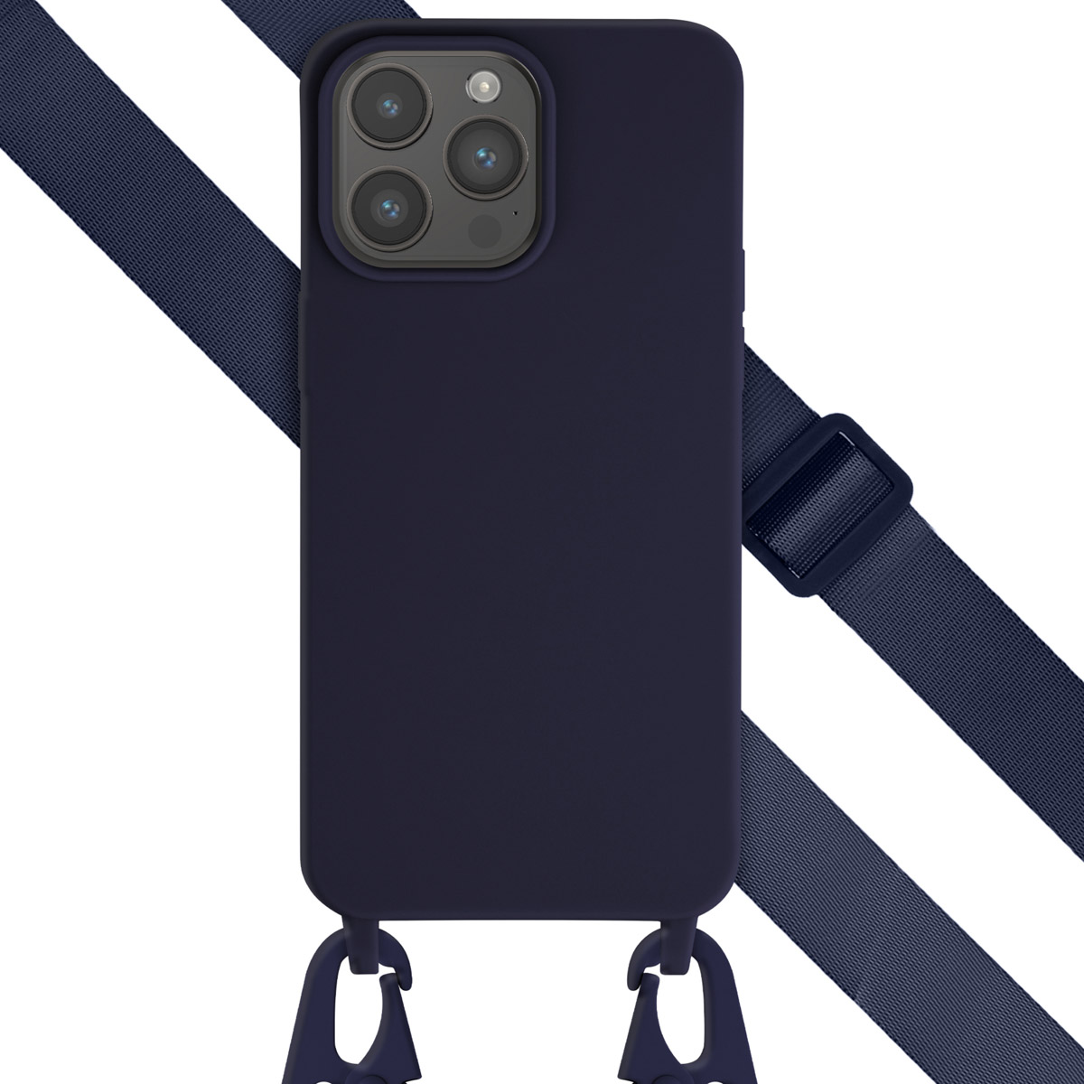 Een marineblauwe telefoonhoes met een marineblauwe riem en donkerblauwe telefoonclips op een witte achtergrond.