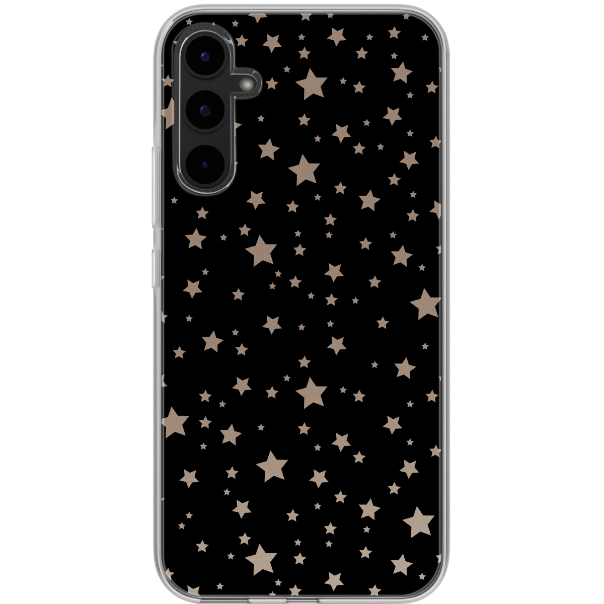 Een zwart telefoonhoesje met een patroon van kleine sterren op een witte achtergrond.