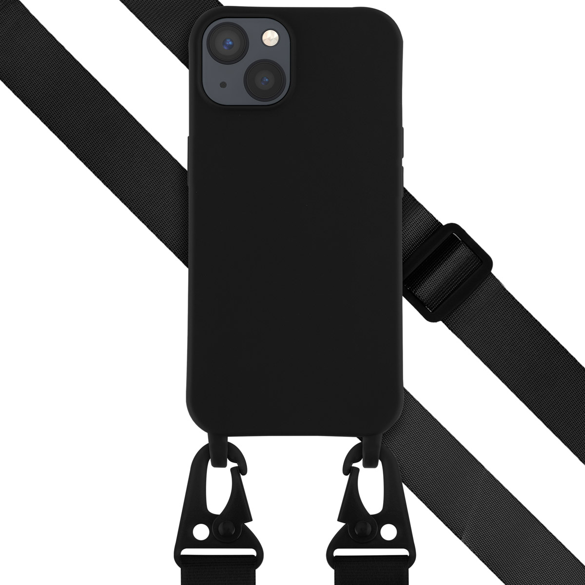 Zwarte telefoonhoes met zwarte riem en karabijnhaakclips. De hoes staat op een witte achtergrond.