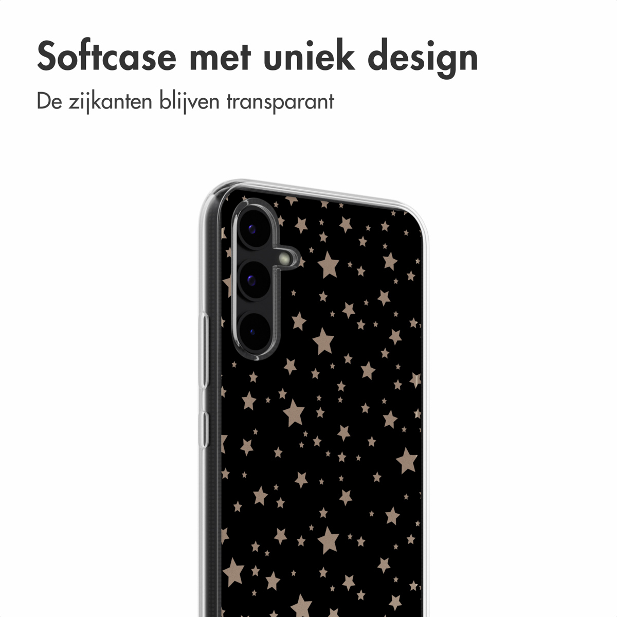 Telefoonhoesje met een zwarte achtergrond en gouden sterren.