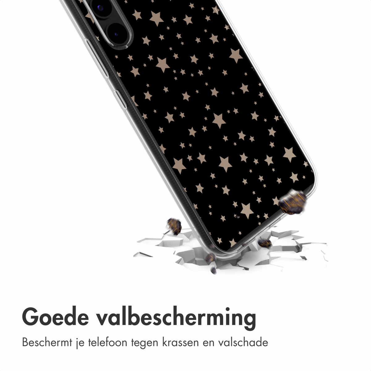 Telefoonhoesje met sterrenpatroon. De telefoon valt. Wit oppervlak.