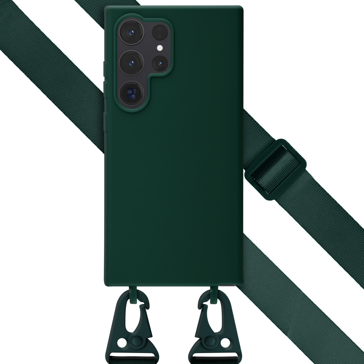 Une coque de téléphone vert foncé avec une sangle attachée, montrant la coque et la sangle.