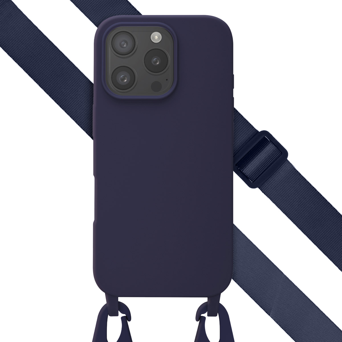 Een paarse telefoonhoes met een band. De hoes heeft een camerabult. De band is marineblauw.