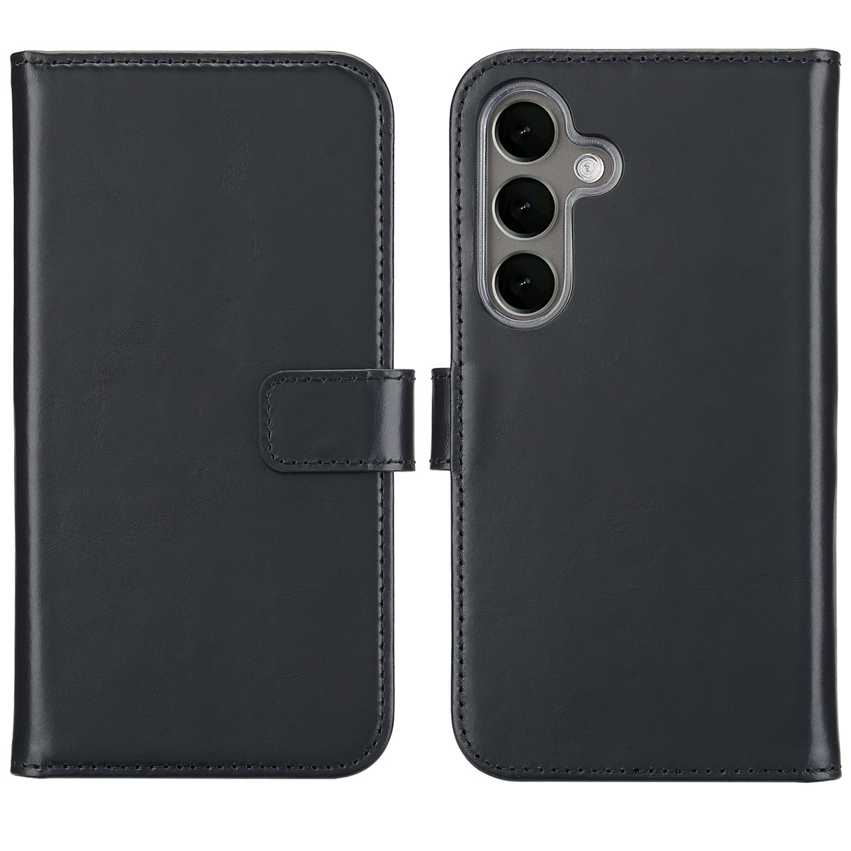 Zwarte leren telefoonhoes, open, toont de achterkant van de telefoon met drie camera's.