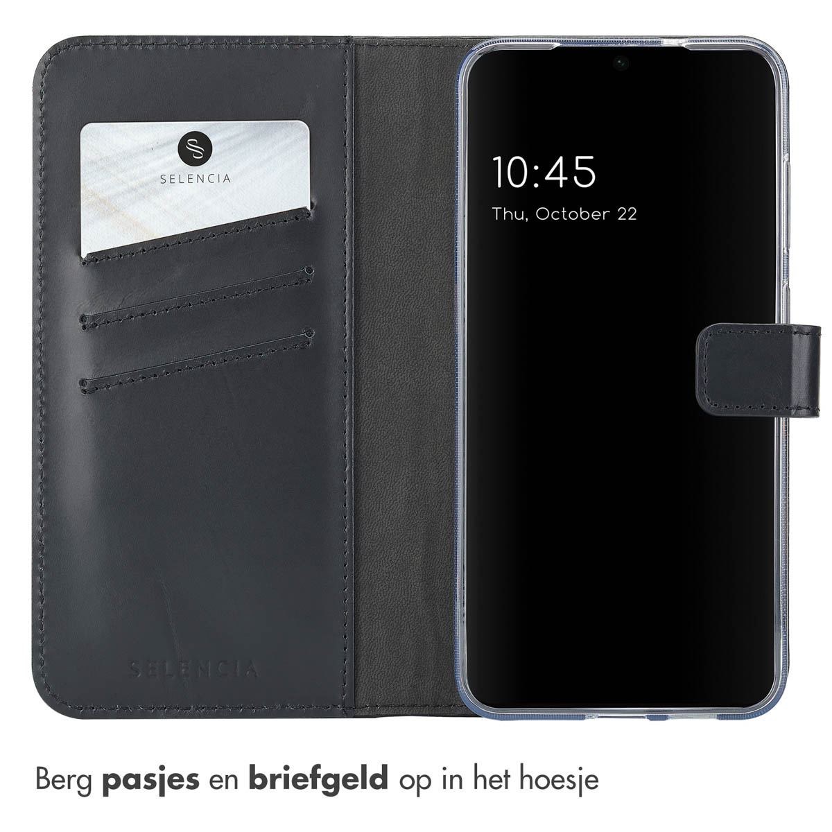 Marineblauwe telefoonhoes met kaartsleuf, telefoon en tijdweergave.