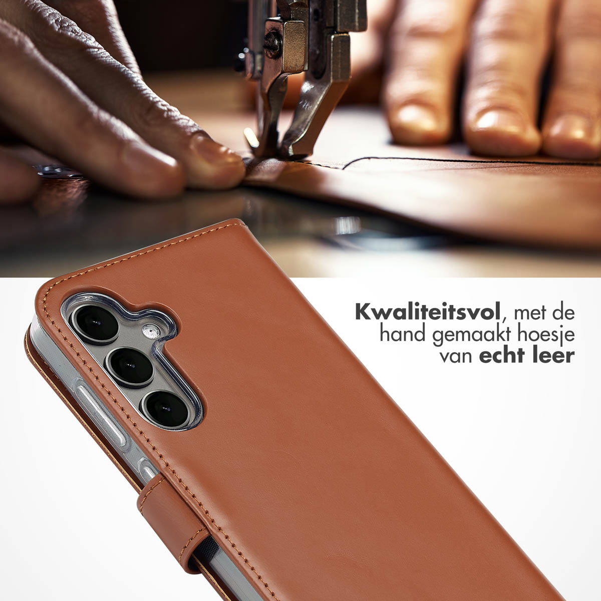 Een leren telefoonhoesje. Een persoon naait een leren telefoonhoesje met een naaimachine.