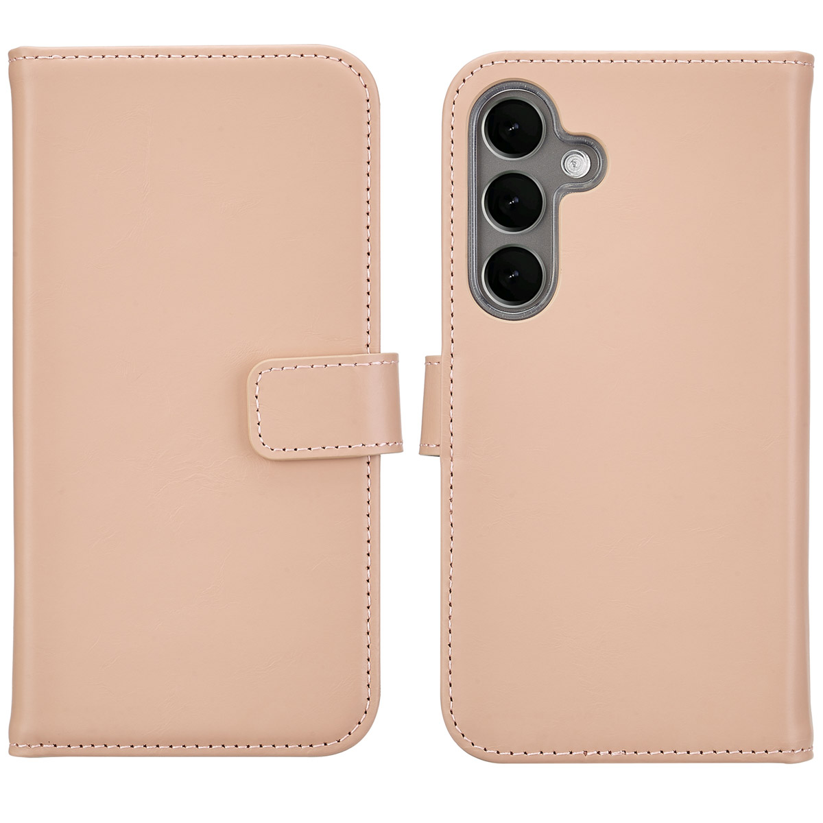 Een perzikroze telefoonhoesje met een flap en camera- en telefoongaten.