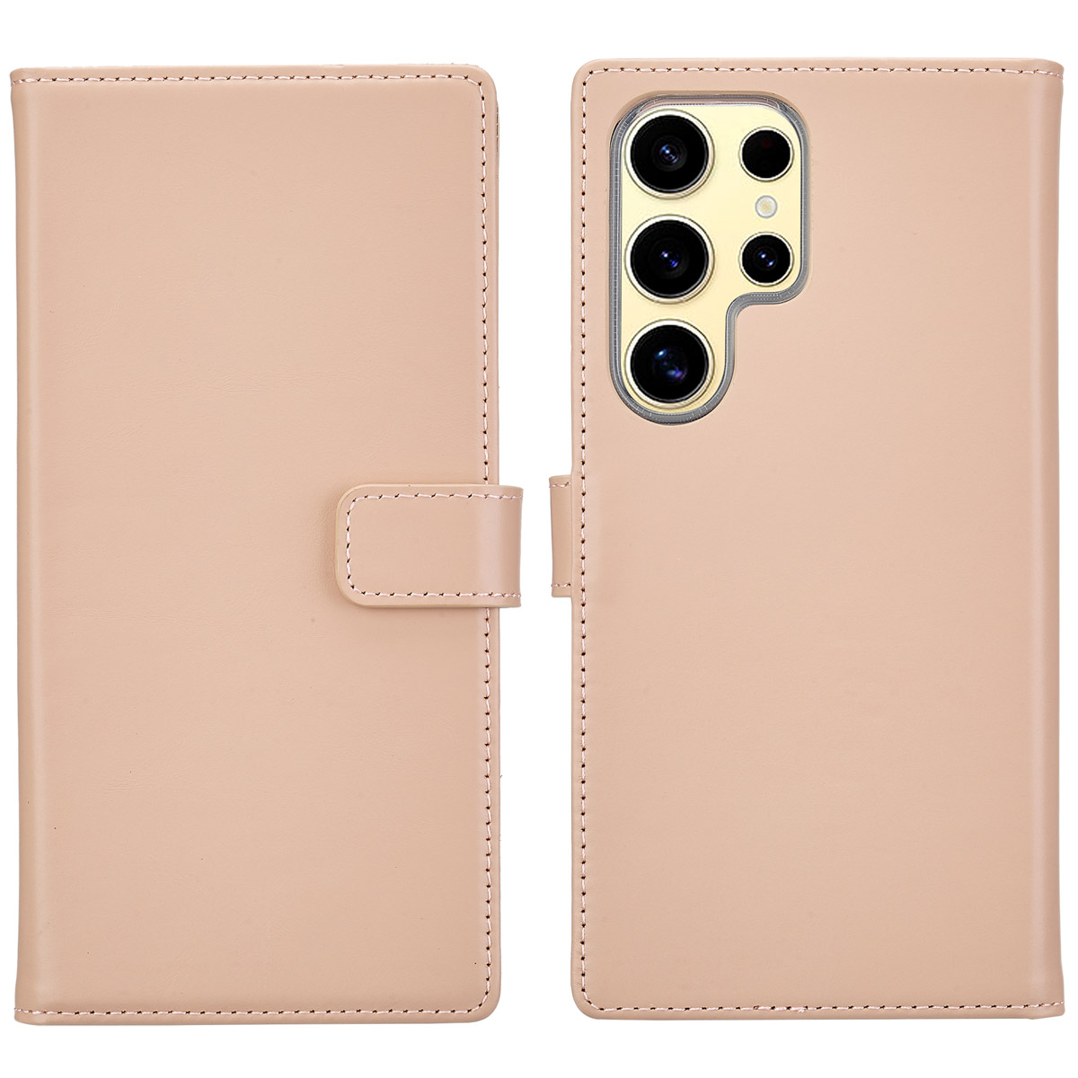 Open beige telefoonhoes met telefoon erin. De telefoon heeft 4 camera's.