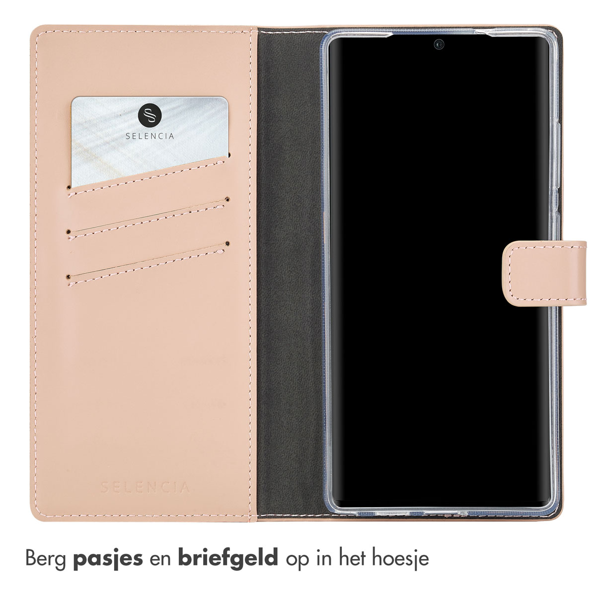 Roze telefoonhoes met kaartsleuf, telefoon en tijdweergave.