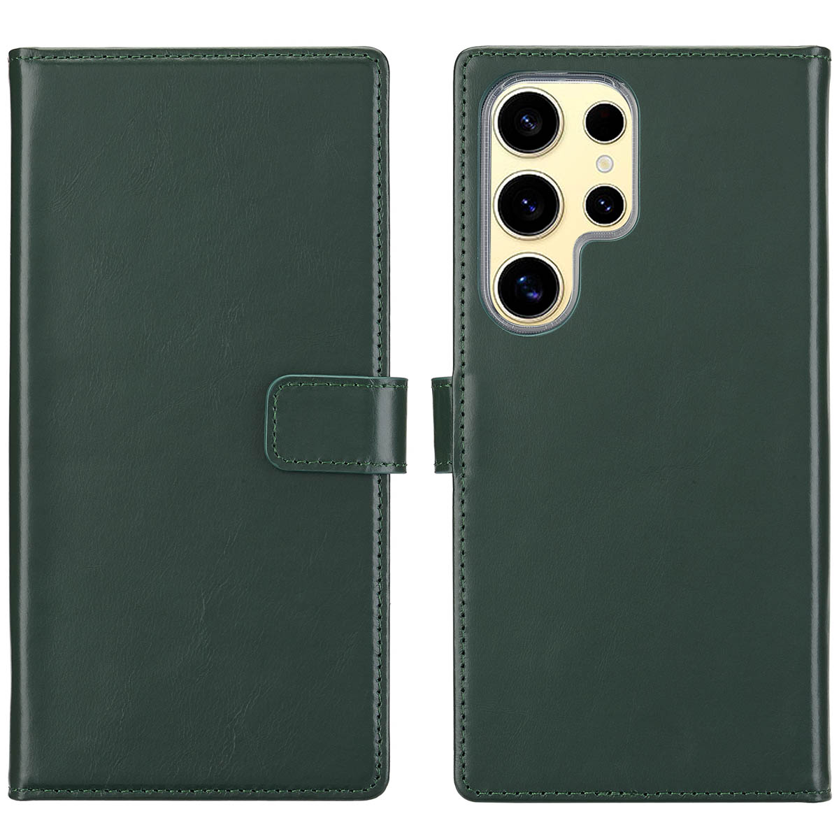 Étui de téléphone en cuir vert, ouvert. Le téléphone est à l'intérieur de l'étui. Fond blanc.
