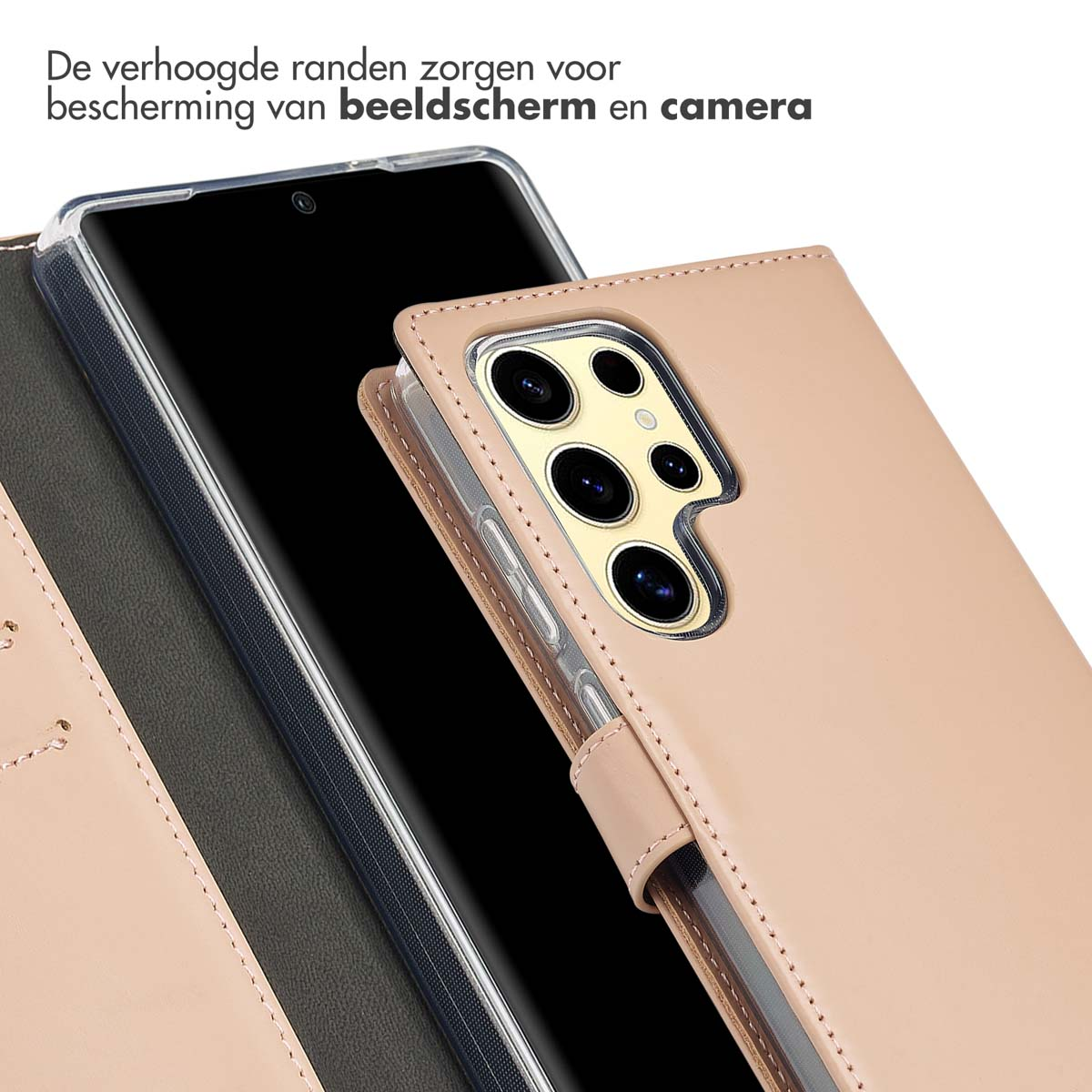 Telefoonhoesje in perzikkleur, dat de telefoon en camera bedekt. De hoes heeft een magnetische sluiting.