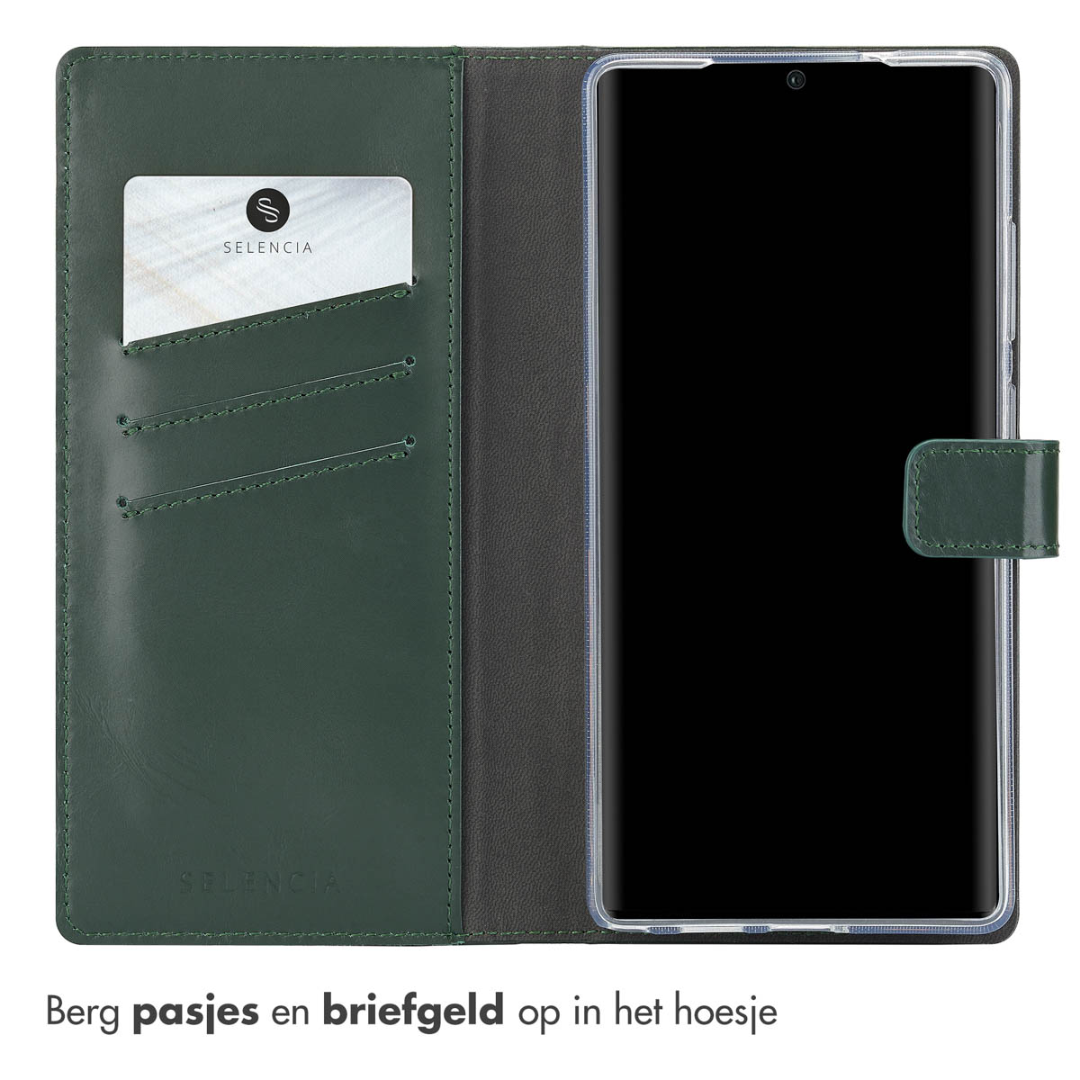 Un étui de téléphone vert foncé ouvert avec des cartes à l'intérieur et un téléphone. Le texte dit : Rangez les passes et l'argent liquide dans l'étui.