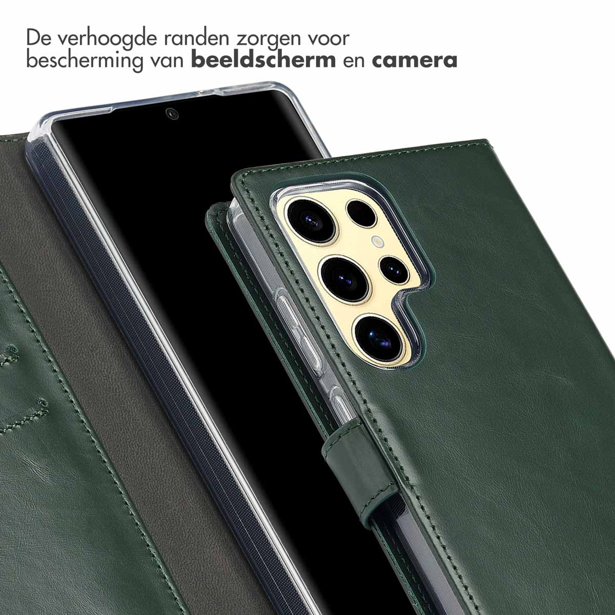 Téléphone dans un étui portefeuille vert. Bords surélevés pour protéger écran et caméra.