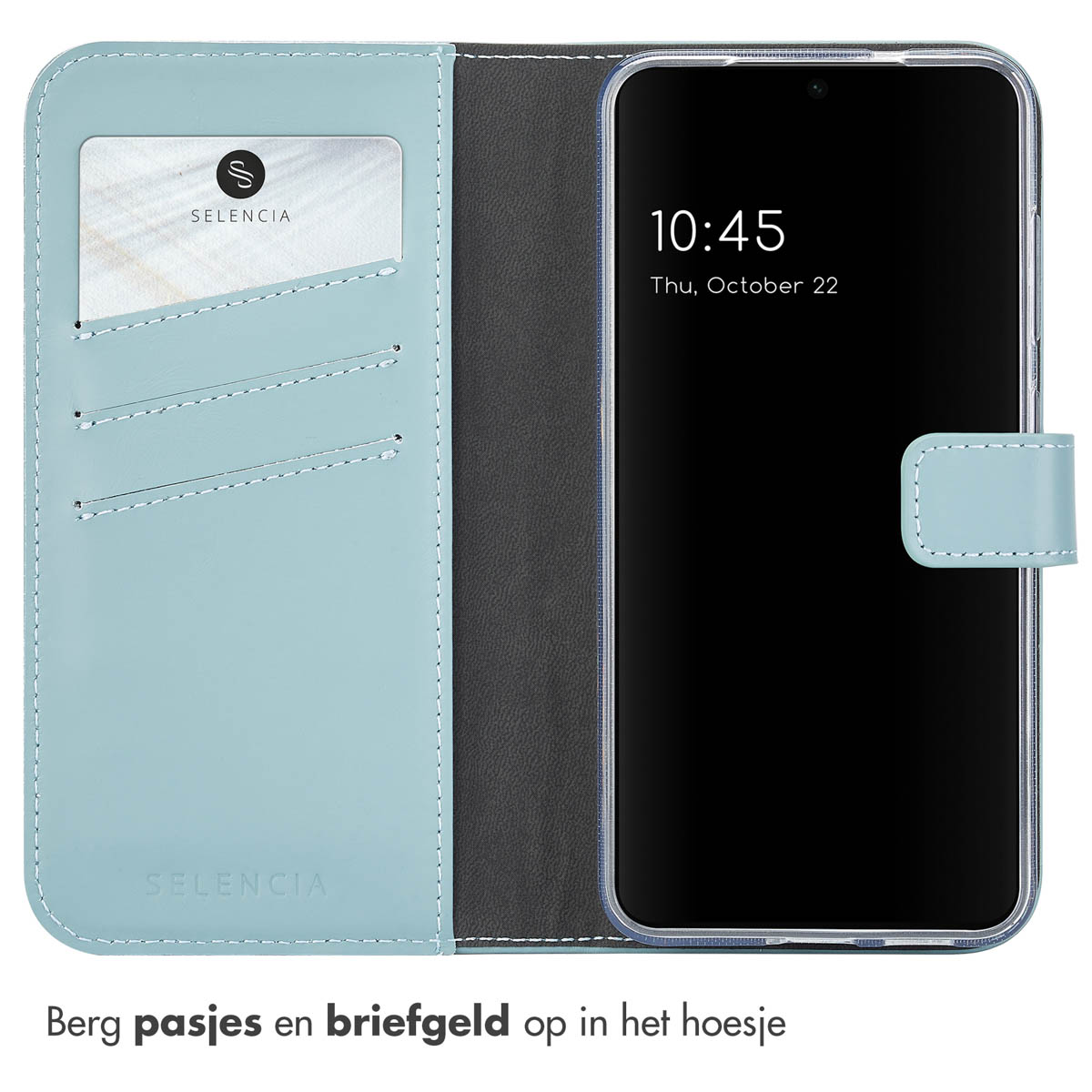 Een blauwe telefoonhoes geopend om een telefoon met scherm en kaartsleuven te onthullen.