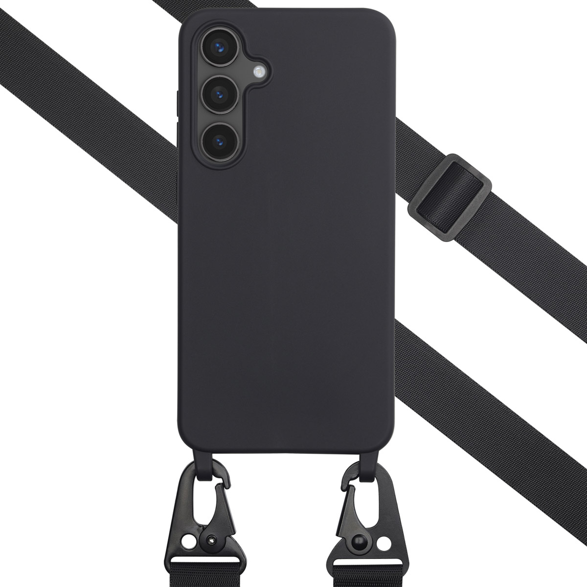 Een zwarte telefoon met 3 camera's in een zwarte hoes met een zwarte band en clips.