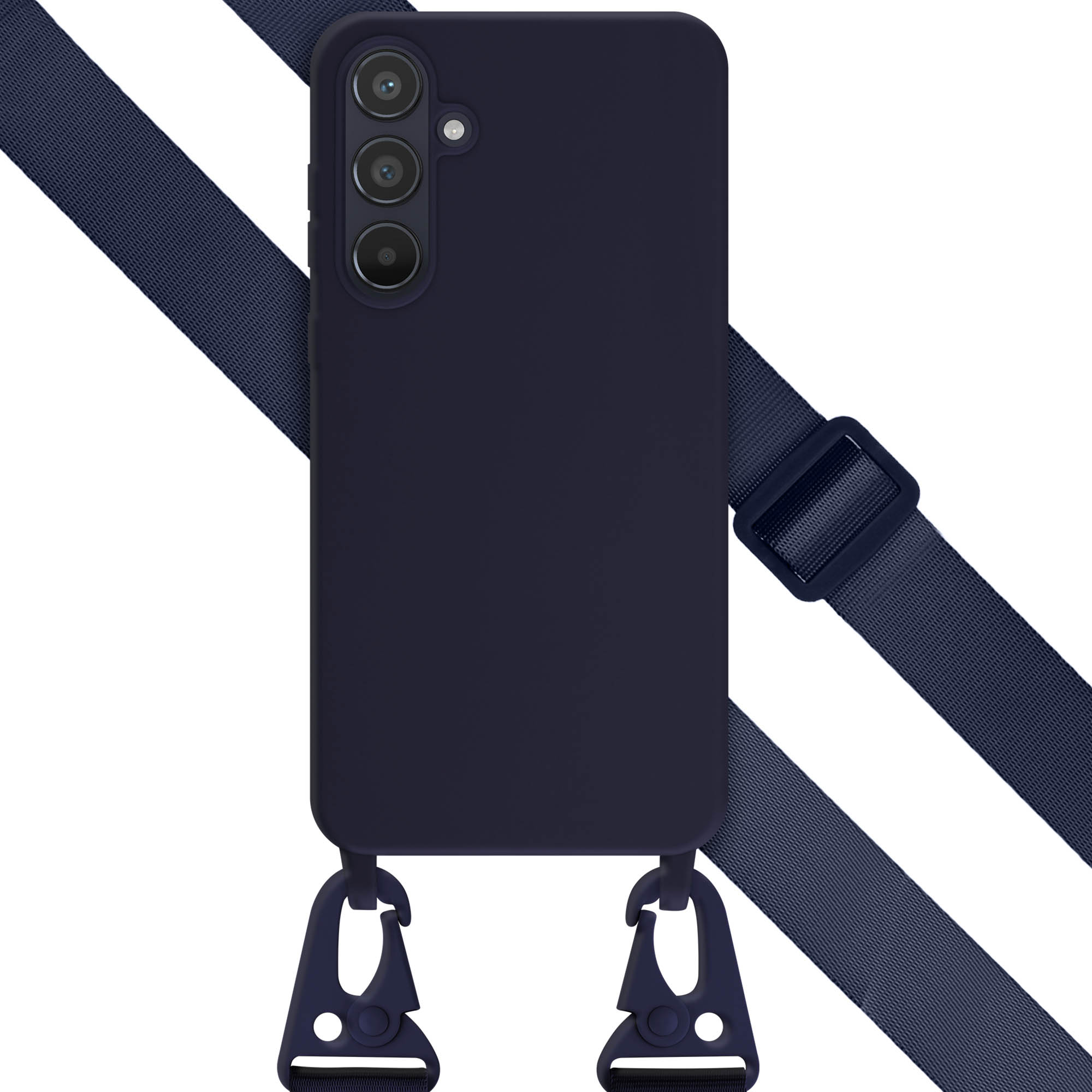 Een donkerblauwe telefoonhoes met een riem. De hoes heeft een telefoon erin. De riem is ook donkerblauw.