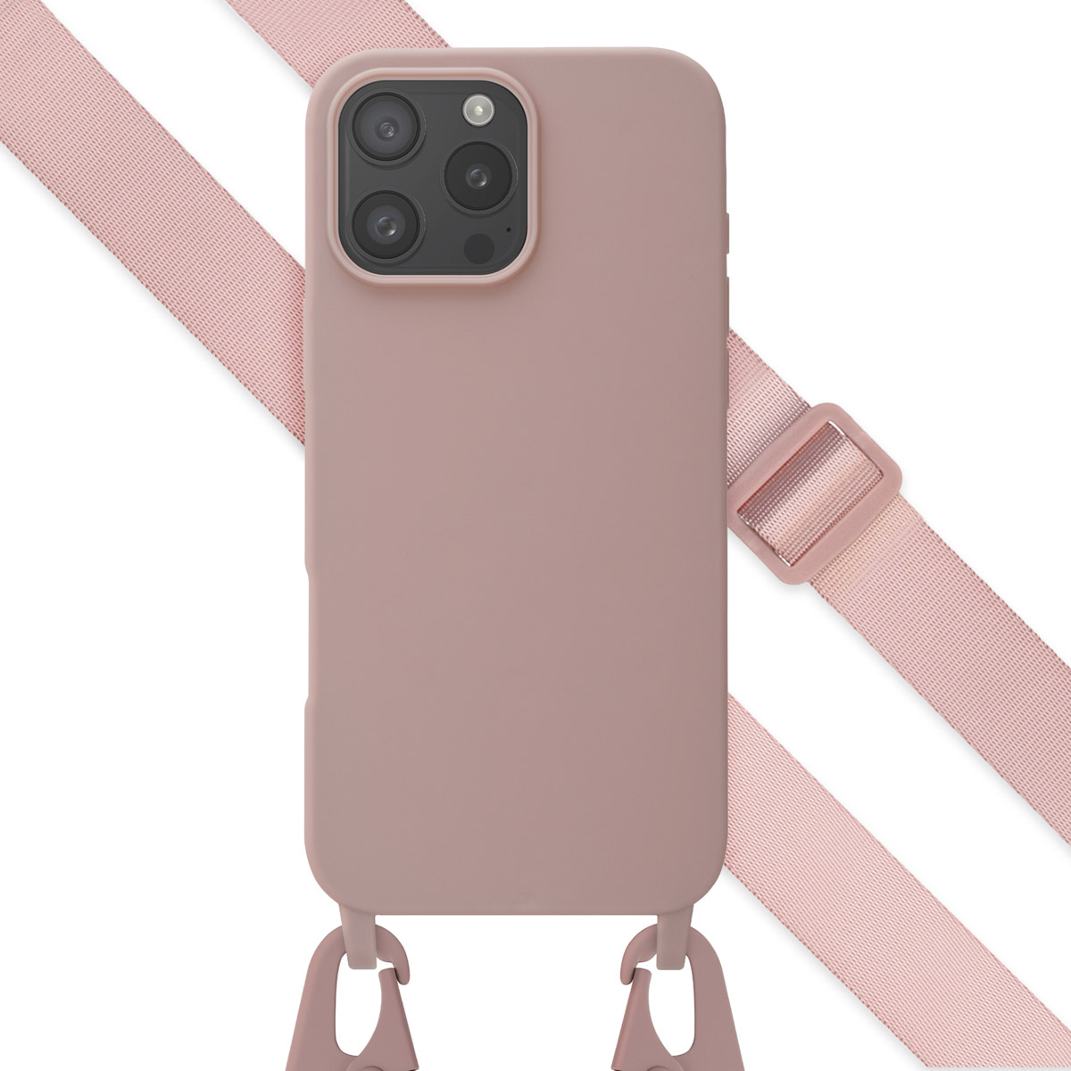 Custodia per telefono con cinturino rosa, fibbia rosa e telefono con fotocamere.