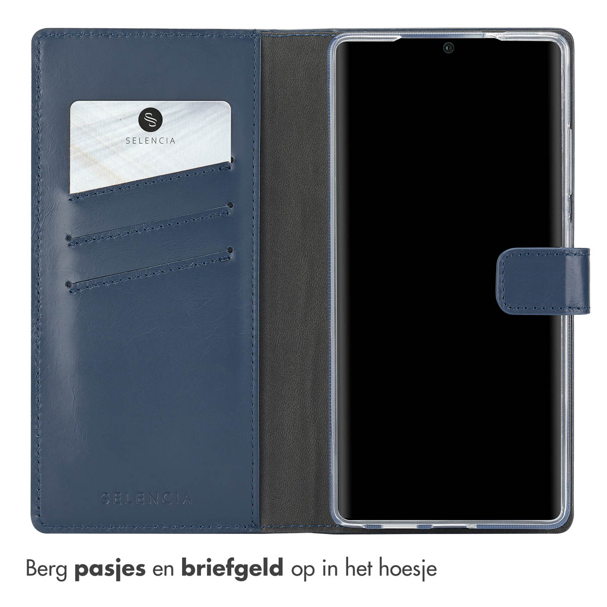Étui de téléphone bleu ouvert avec téléphone. Il y a une carte de crédit et de l'argent.