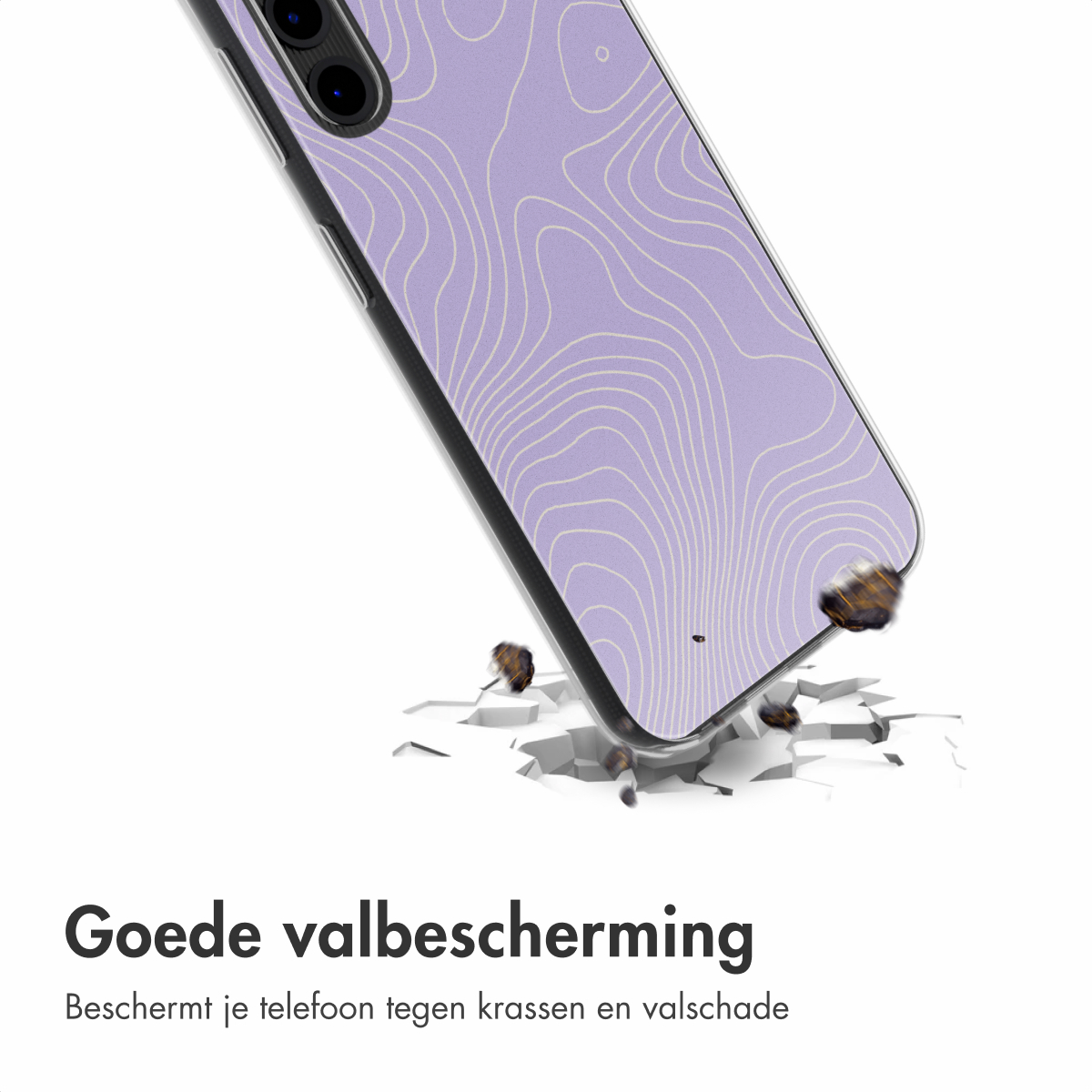 Custodia viola con motivo, superficie screpolata e detriti cadenti.