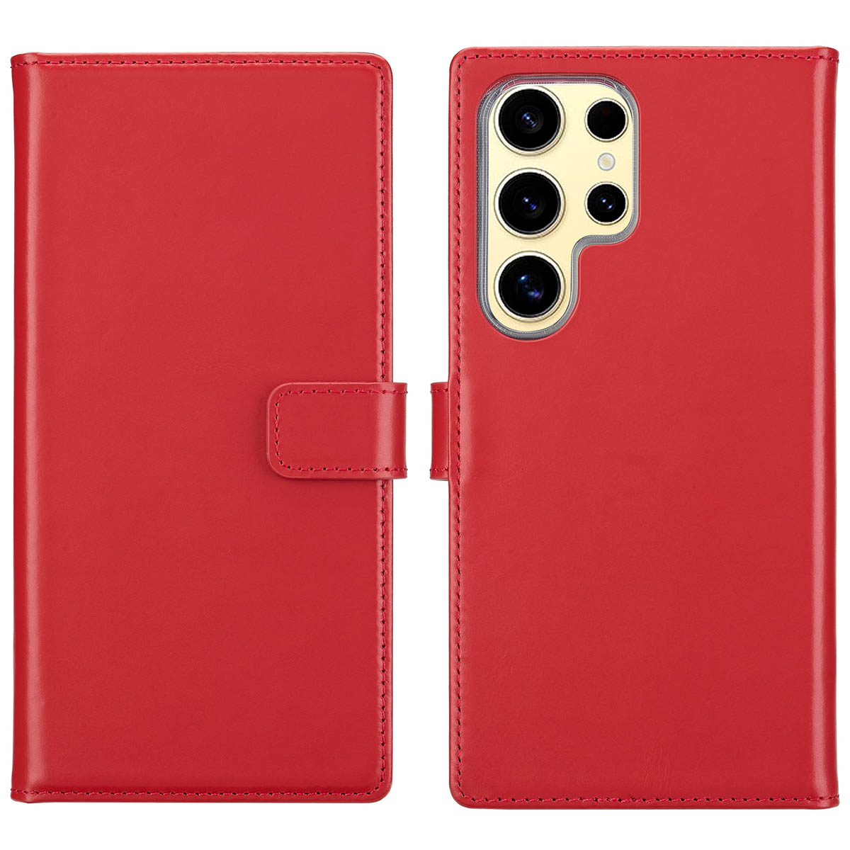 Een rode telefoonhoes, open om de telefoon te onthullen. De hoes heeft een magnetische sluiting en een uitsparing voor de camera.