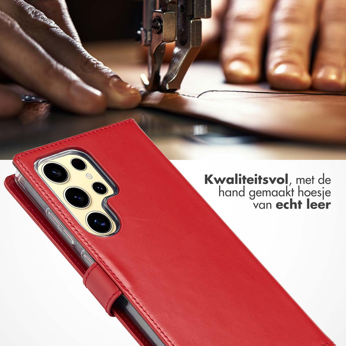 Rode leren telefoonhoes met telefoon. Een naald en draad naaien leer.