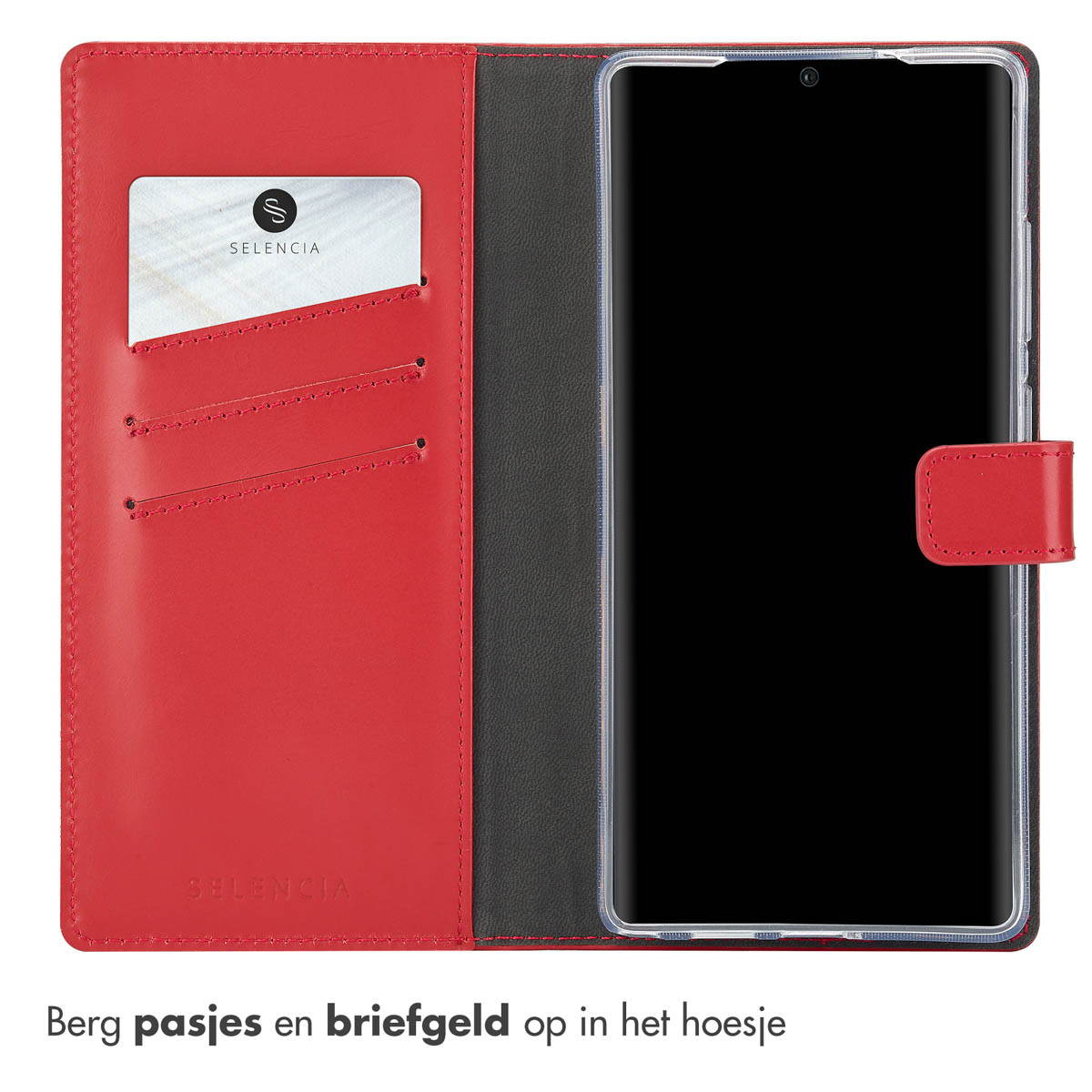 Een rode wallet telefoonhoes met een zwart interieur. Het heeft kaartsleuven en een magnetische sluiting.