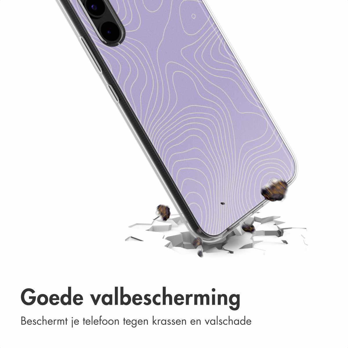 Custodia con motivo a onde, terreno che si rompe. Testo: 'Goede valbescherming' (Buona protezione dalle cadute).