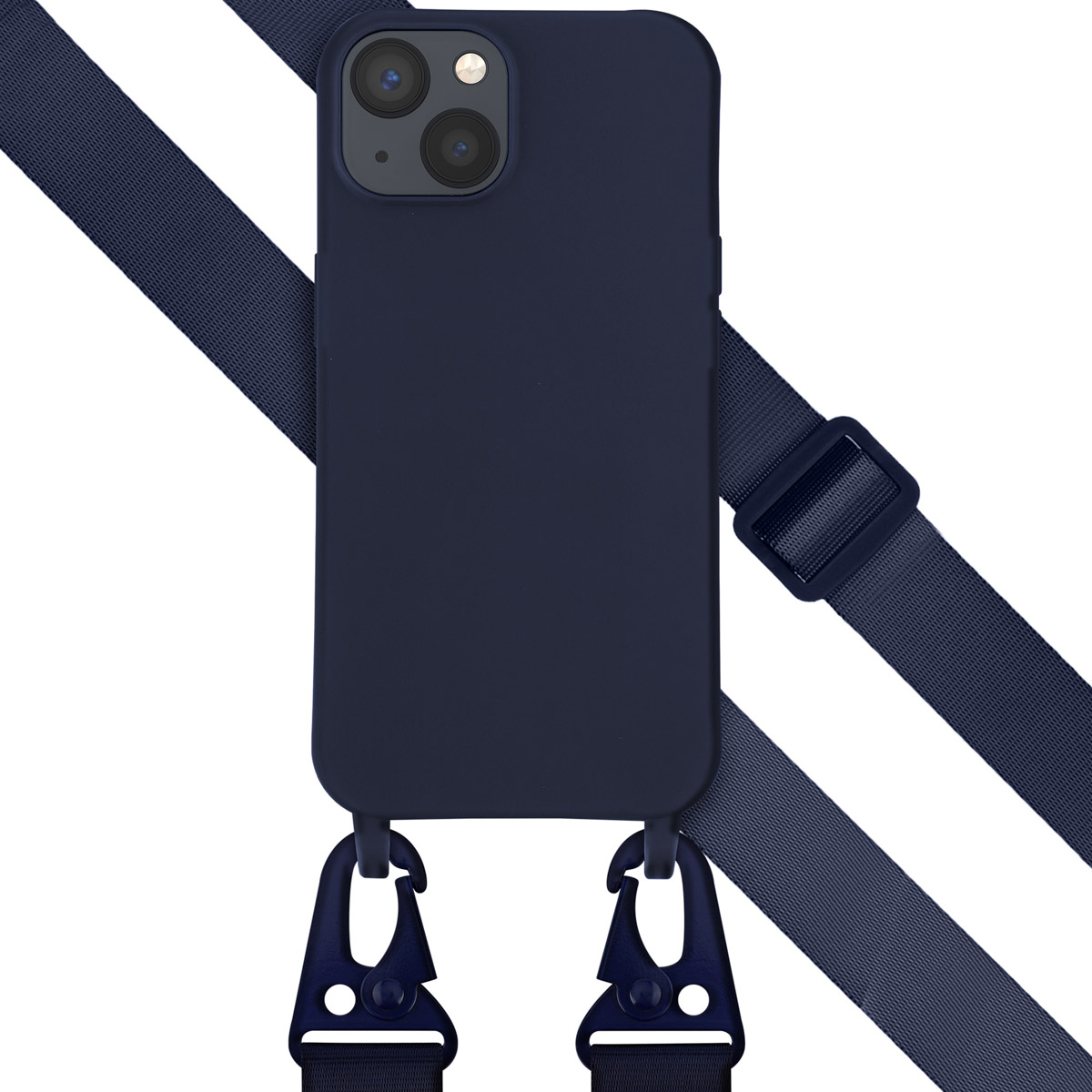Marineblauwe telefoonhoes met een marineblauwe band en clips. De band is verbonden met de hoes.