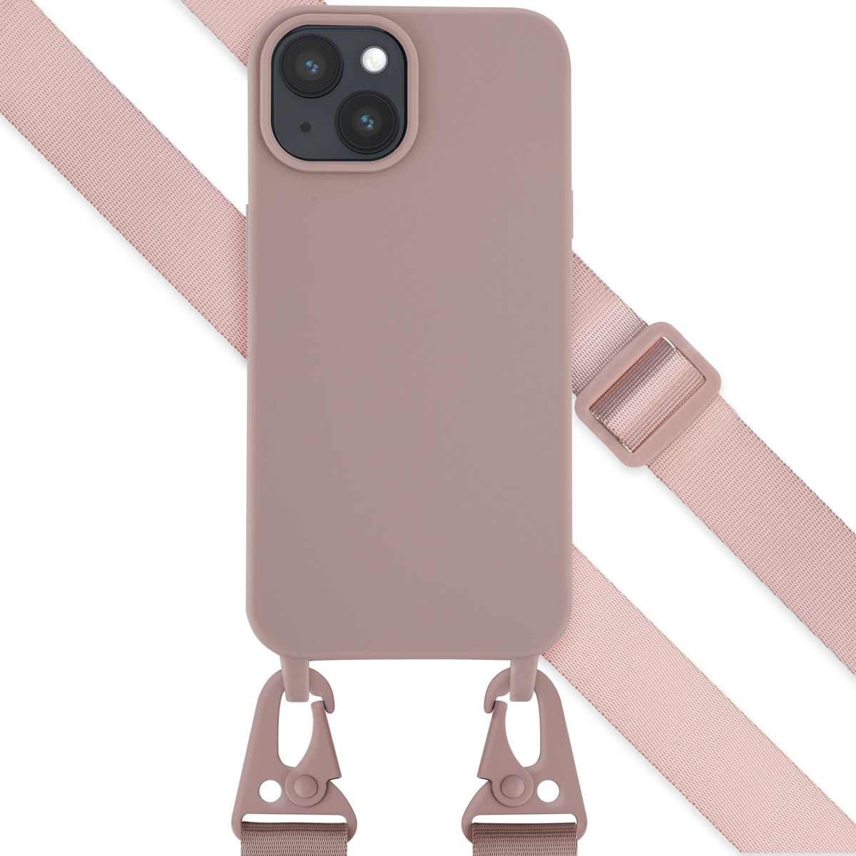 A mauve phone with a mauve strap and pink phone clips are shown on a white background.