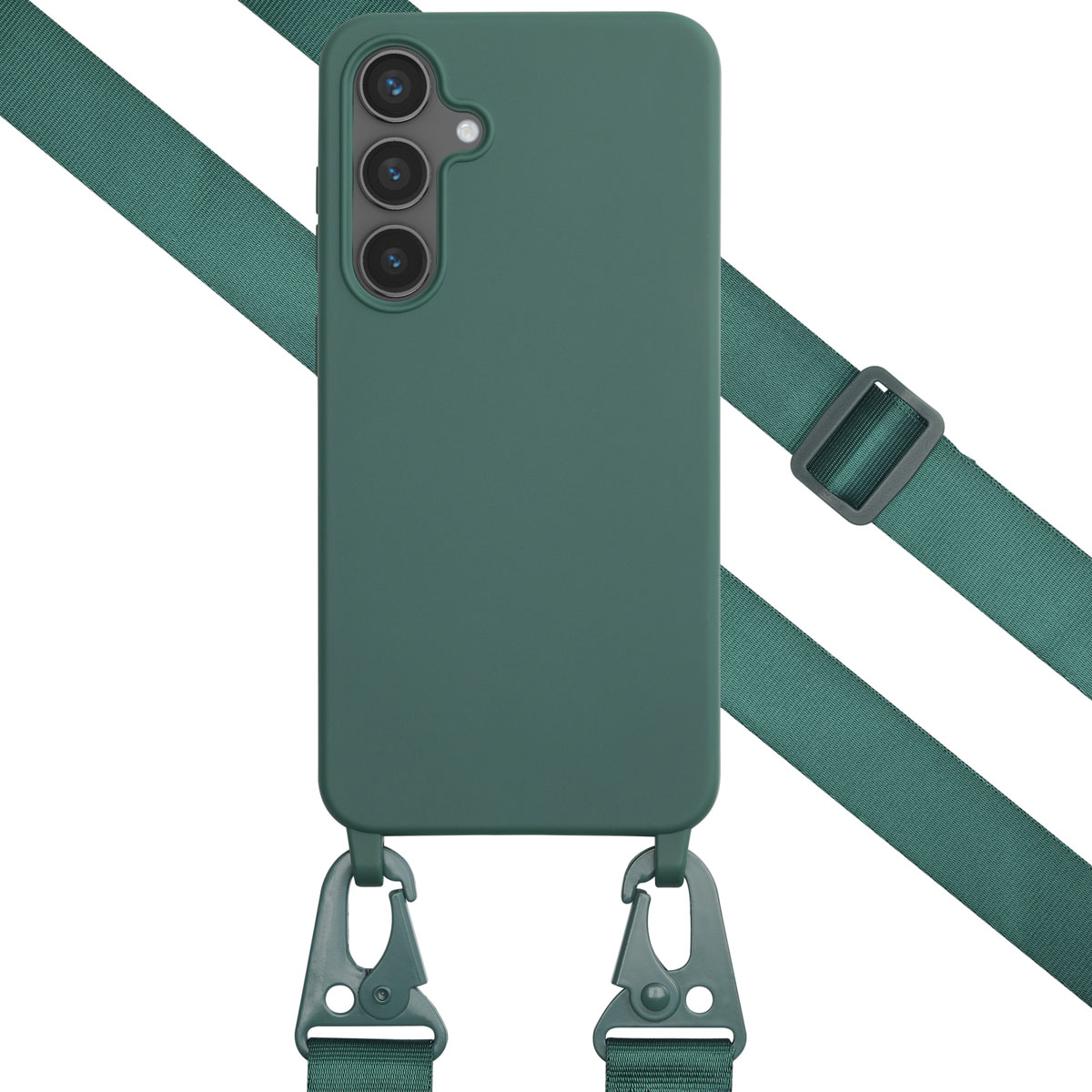 Groene telefoonhoes met een riem en een telefoon. Witte achtergrond.