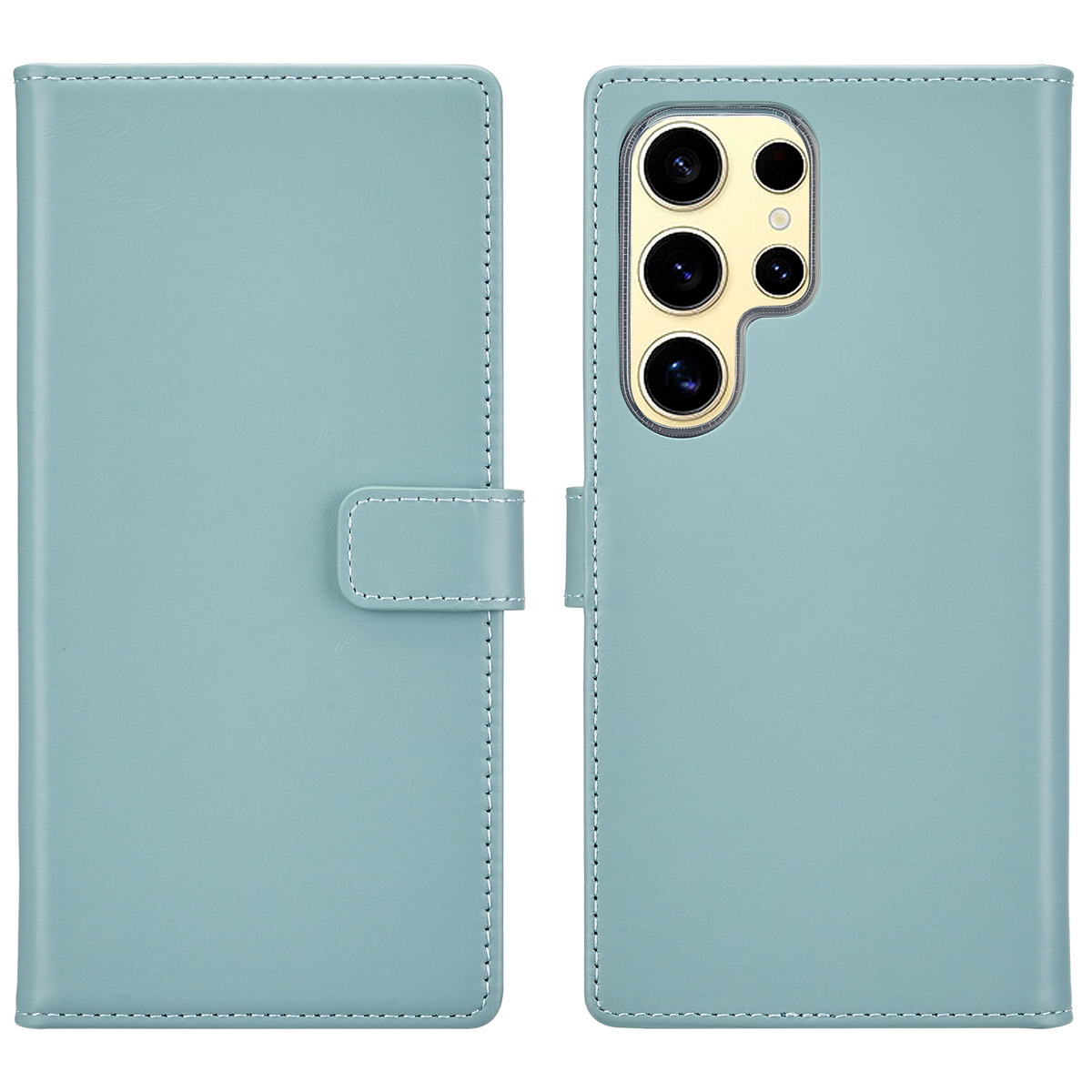 Telefoonhoesje, open, met een blauwe hoes en de achterkant van een telefoon.